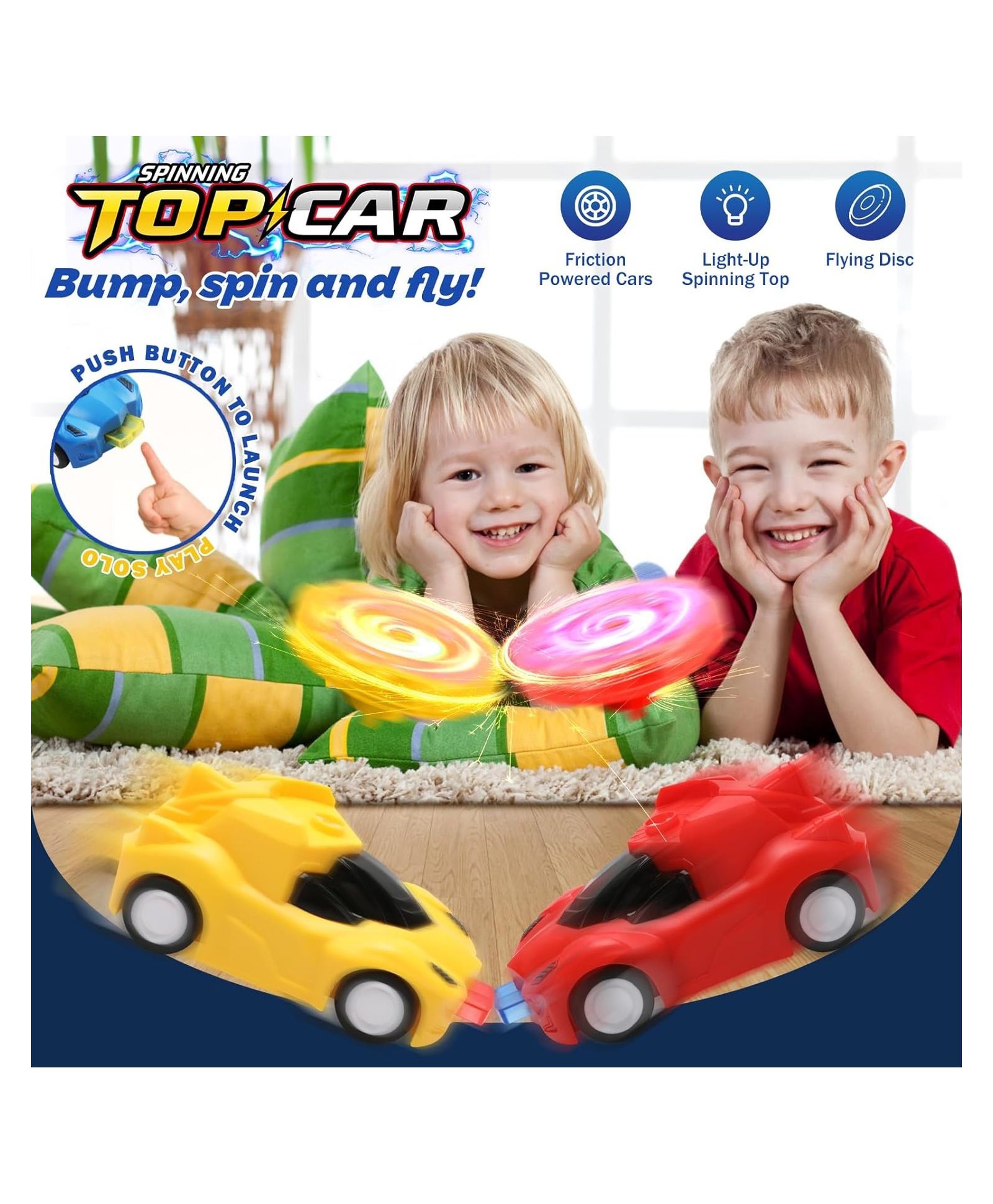 Sanjary Friction Power Top Car  & Light Up Spinning Tops & Flying Discs, Friction Powered Toy Car Set Toys for Kids -Color & Design May Vary-image-41