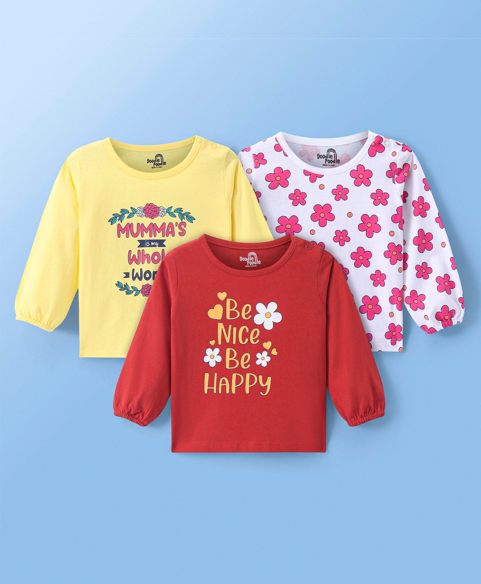Doodle Poodle 100% Cotton Single Jersey Knit Full Sleeves Text & Floral Printed Tops Pack of 3 - Yellow White & Red-picture-21