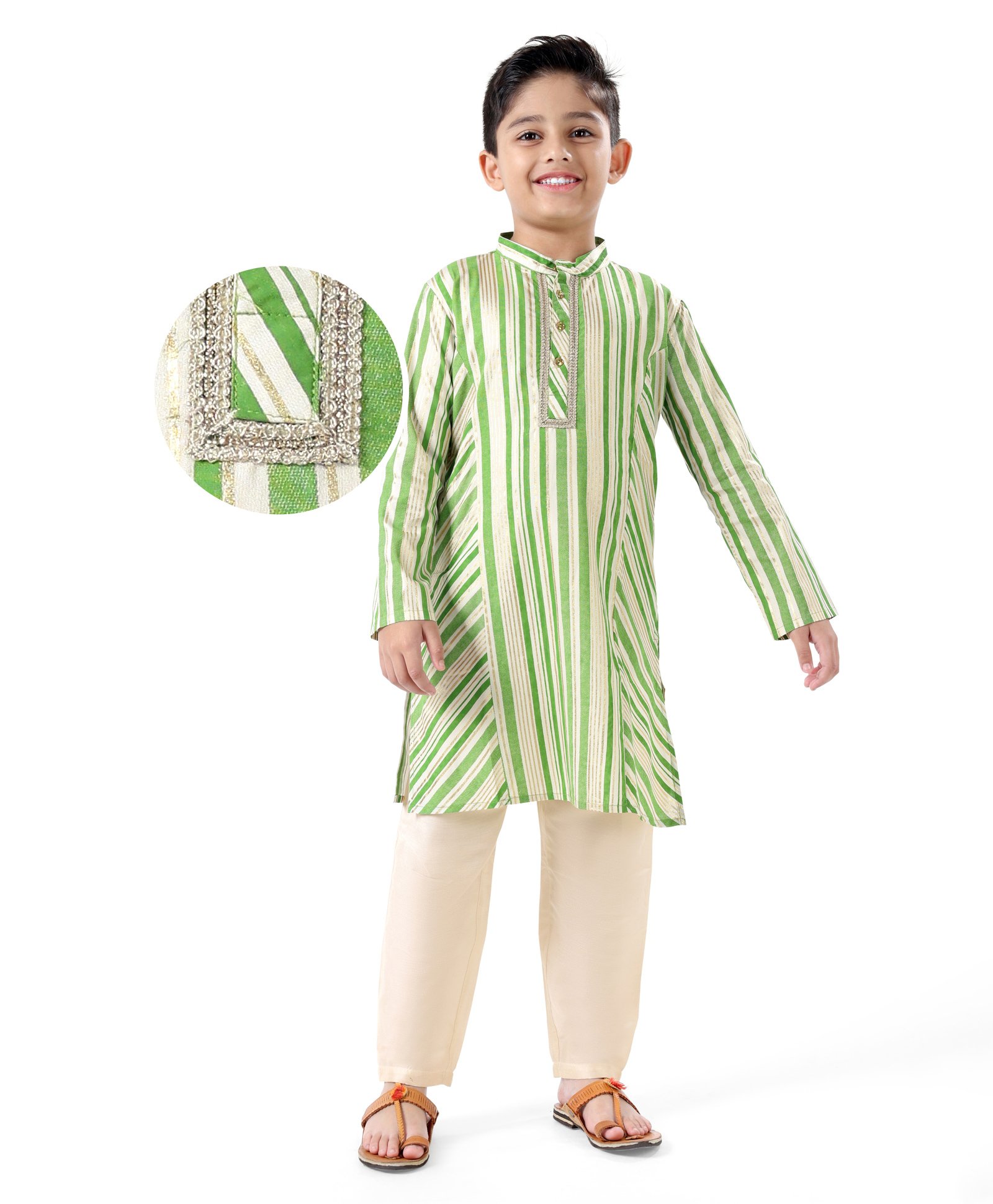 Earthy Touch Woven Full Sleeves Kurta Pyjama Set Foil Print - Green-picture-10