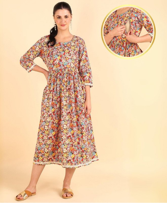 Zelena Cotton  Three Fourth Sleeves  Floral Printed A Line Maternity Feeding Kurta With  Concealed Zipper Nursing Access - Multicolor-image-11