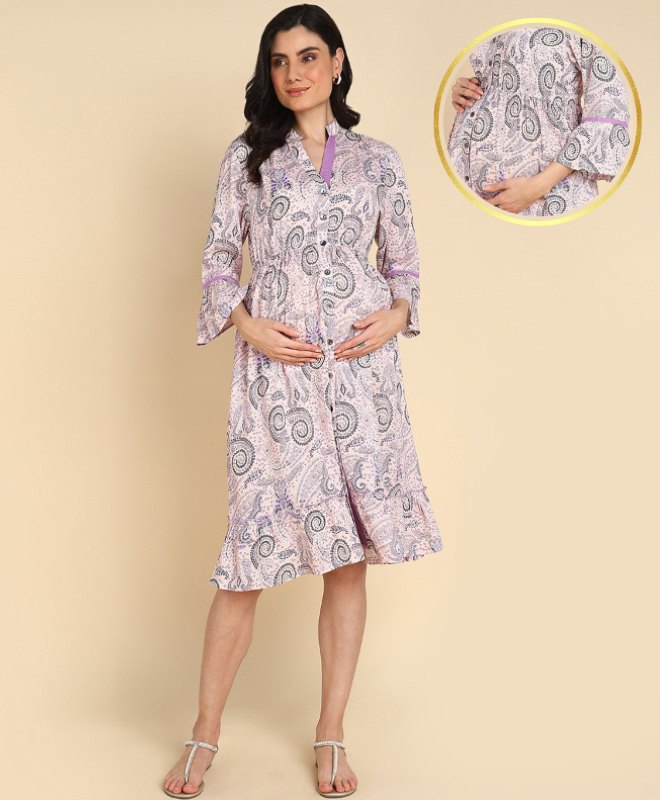 Zelena Rayon Three Fourth Sleeves Paisley   Printed Zipless Maternity Feeding Dress With Pockets - Baby Pink-picture-38