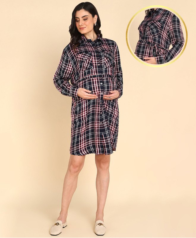 Zelena Rayon Full Sleeves Checkered Printed Maternity Feeding Dress With Concealed Nursing Access - Black-picture-43