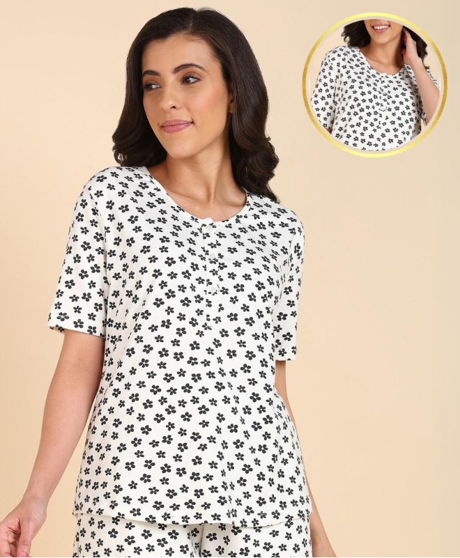 Zelena Cotton Half Sleeves Floral Printed Zipless Maternity Feeding Top - Black & White-image-2
