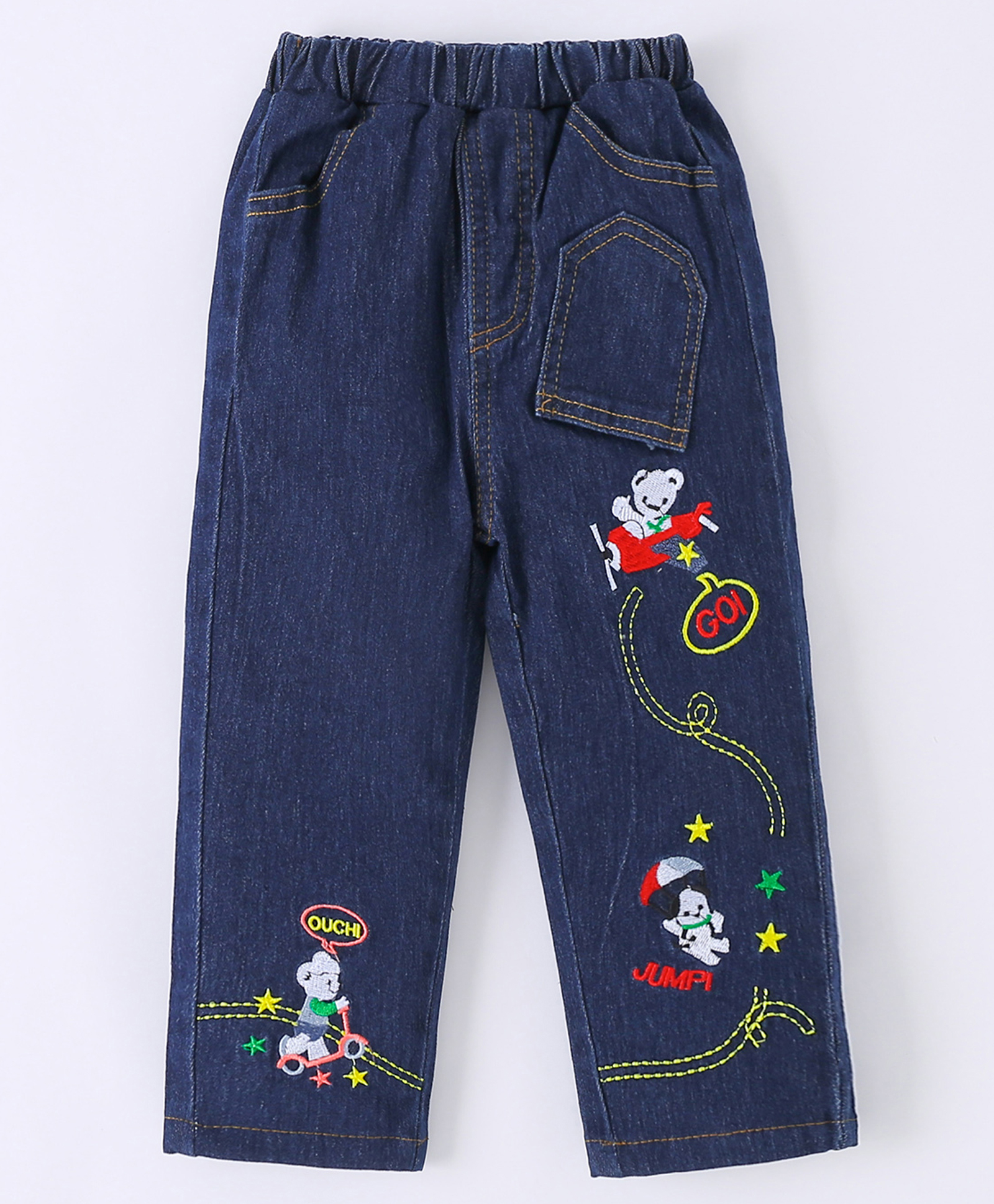 Kookie Kids Cotton Full Length Denim Jeans With Embroidery - Navy Blue-picture-20
