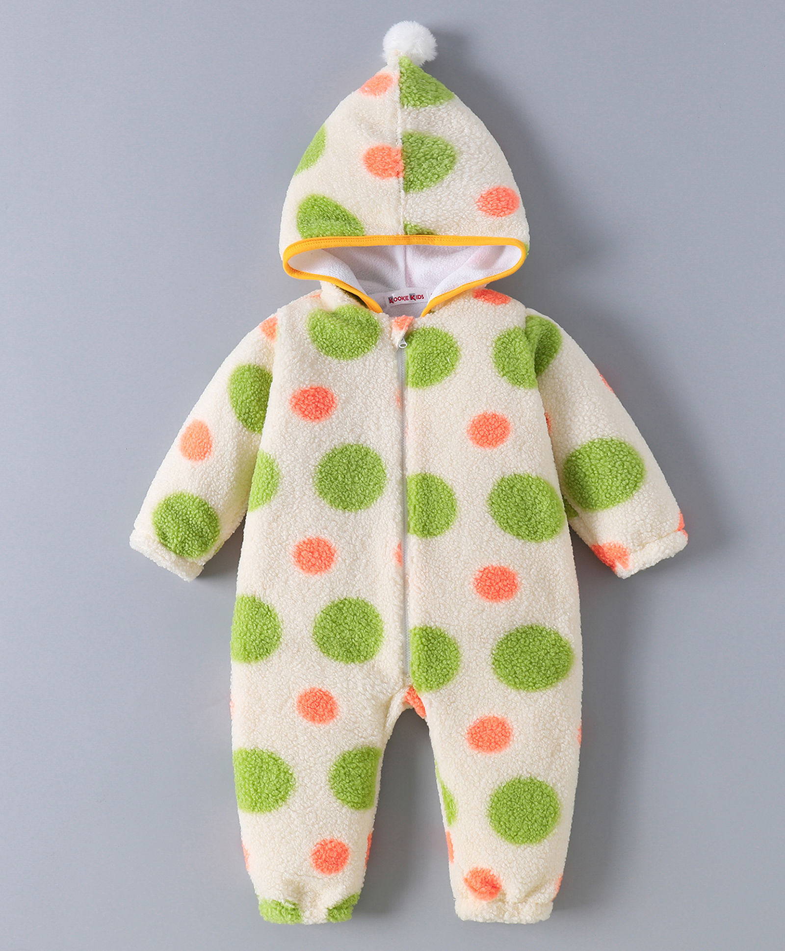 Kookie Kids Full Sleeves Winter Wear Hooded Romper with Polka Dots Print - Green-image-21
