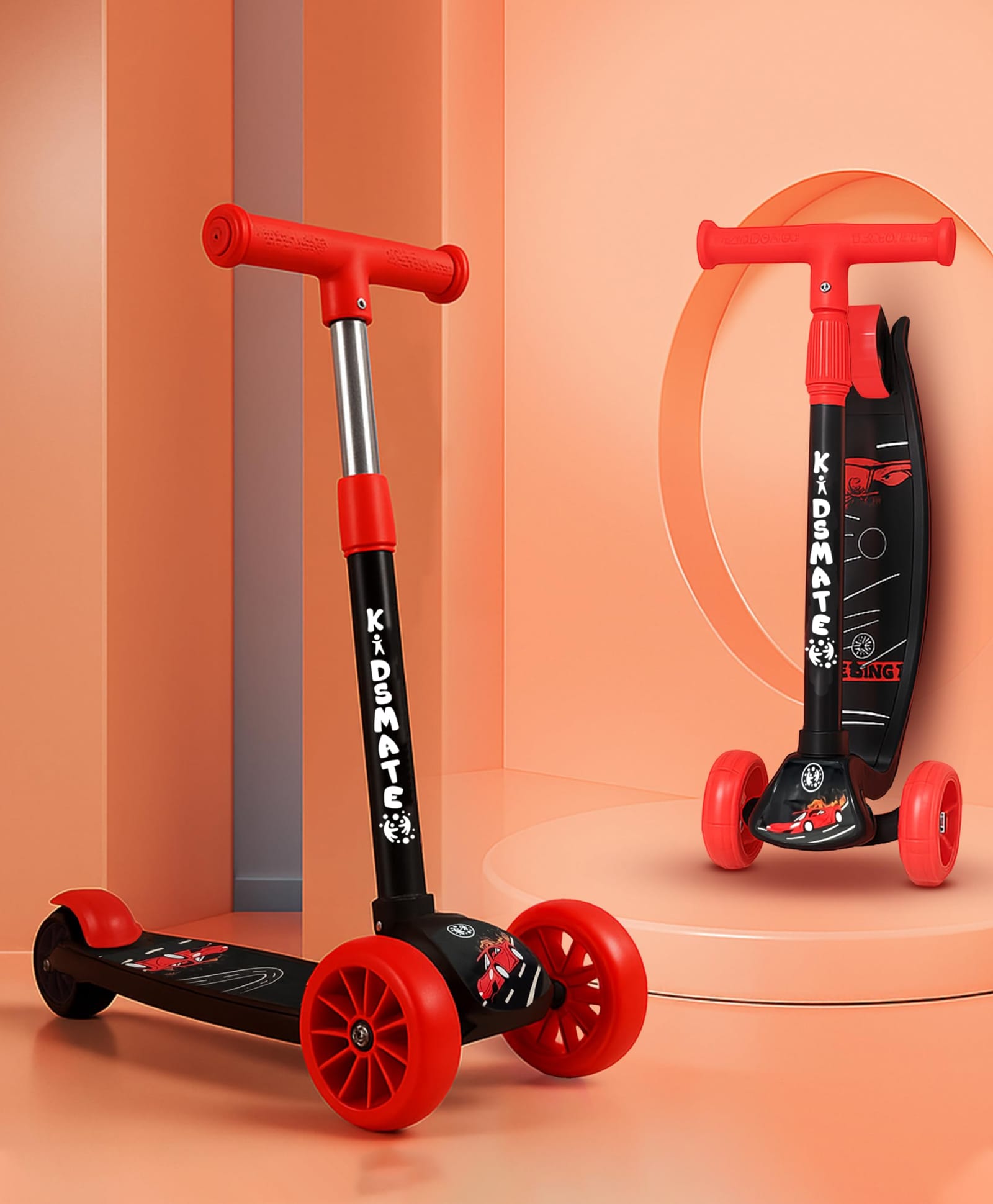 Kidsmate Cruiser Kick Scooter with Broad Wheels Without Lights| 3-Wheel Skating Scooter for Boys & Girls of Ages 6-12 Years | 5-Level Adjustable Height, and Easy Fold Design (Black)-image-6