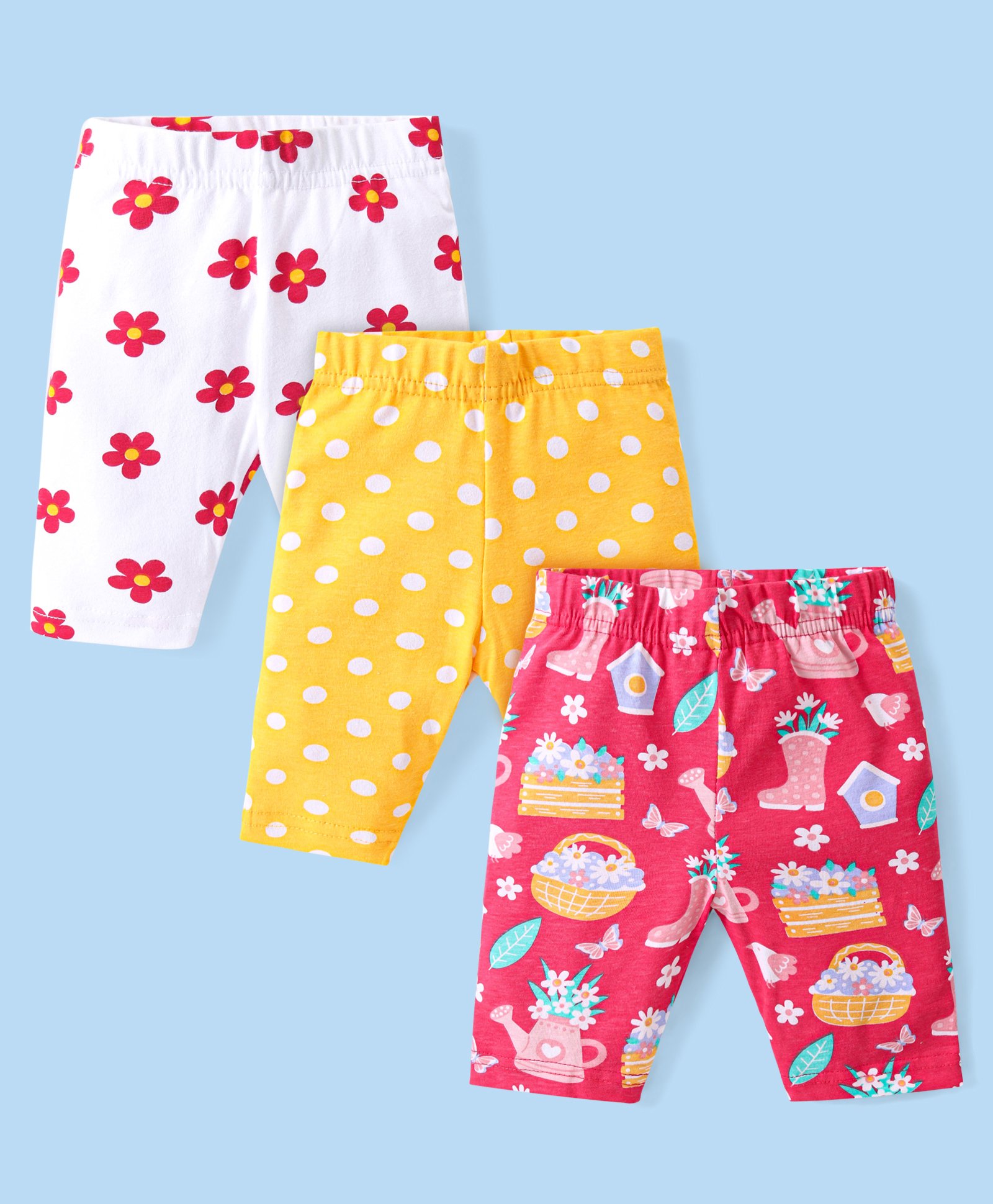 Babyhug Cotton Lycra Knit  Three Fourth Leggings with Floral & Polka Dots Print  Pack of 3 - Pink Yellow & White-image-22