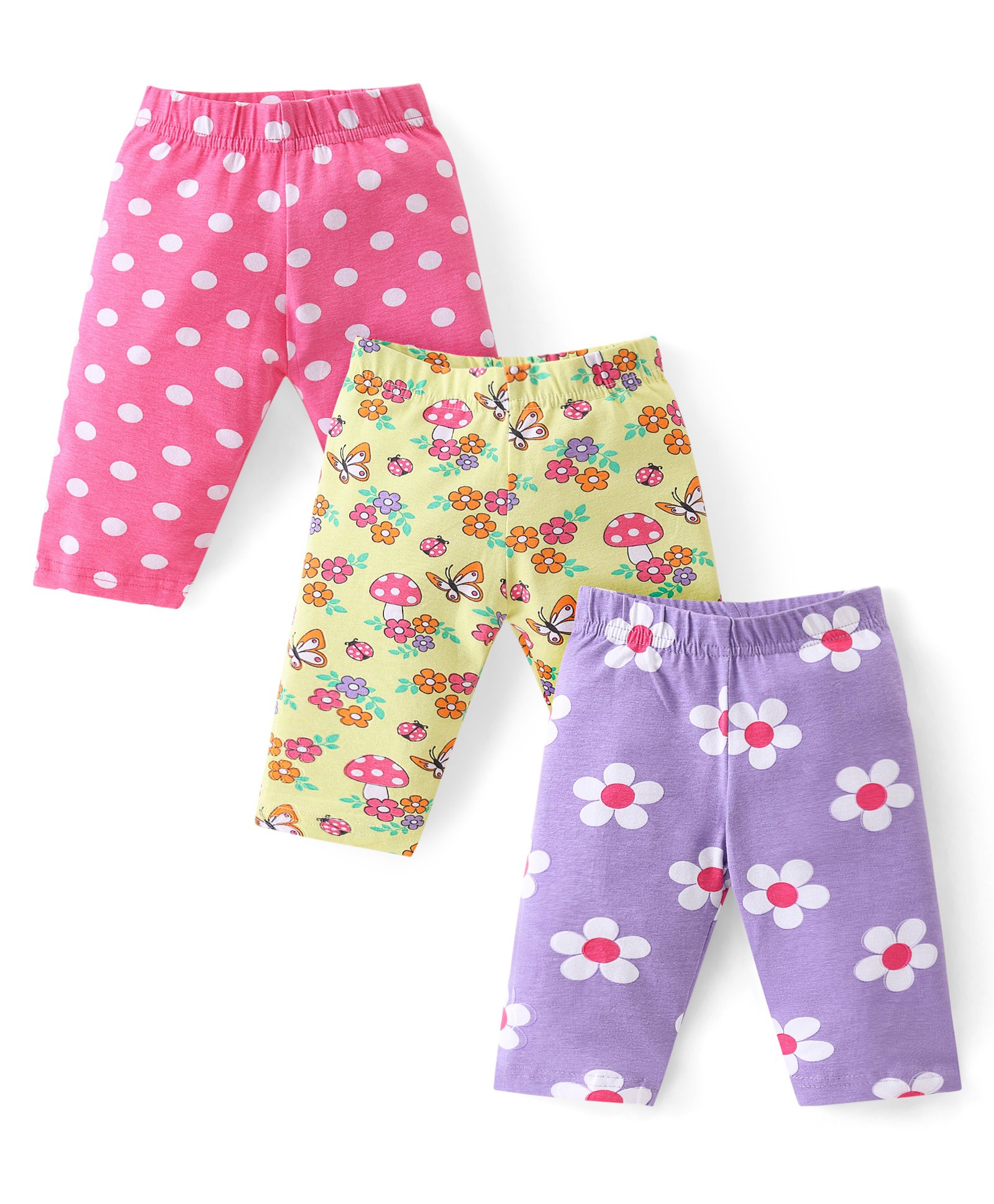 Babyhug Cotton Lycra Knit Three Fourth Leggings with Polka Dots & Floral Print Pack of 3 - Pink Yellow & Purple-image-34