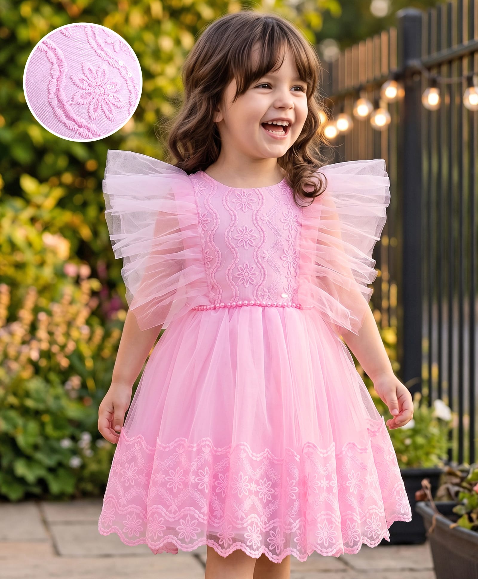Mark & Mia Frill Sleeves Knee Length Floral Embroidered Party Frock with Lace & Pearl Detailing - Pink-image-39