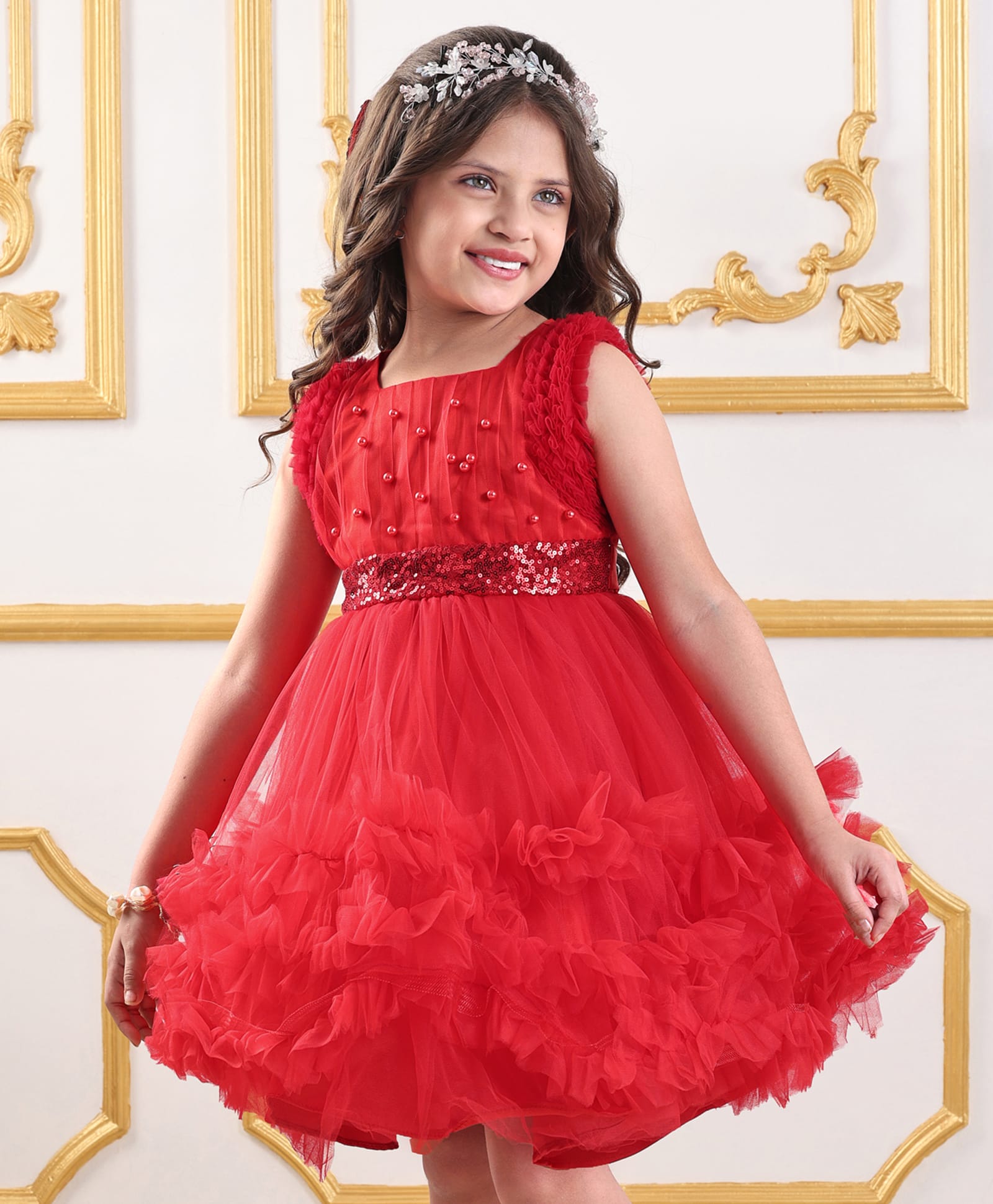 Mark & Mia Sleeveless Knee Length Ruffles and Frills Party Frock with Sequined & Pearl Detailing - Red-image-19