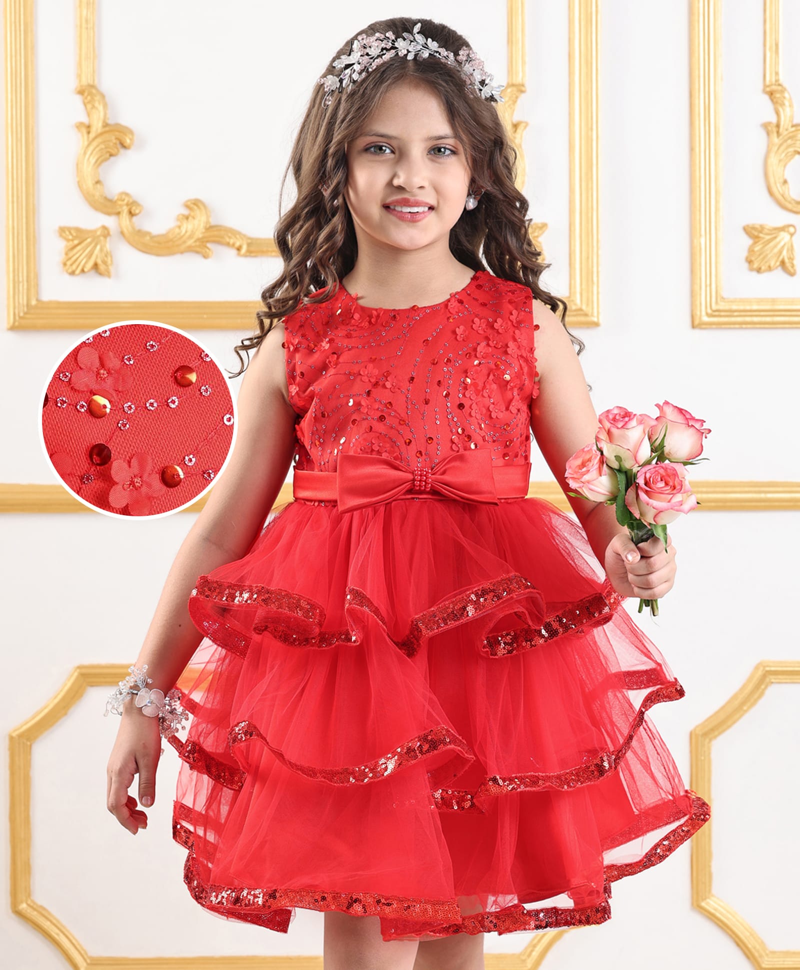 Mark & Mia Sleeveless Knee Length Layered Party Frock With Sequined Detailing & Bow Applique - Red-image-27