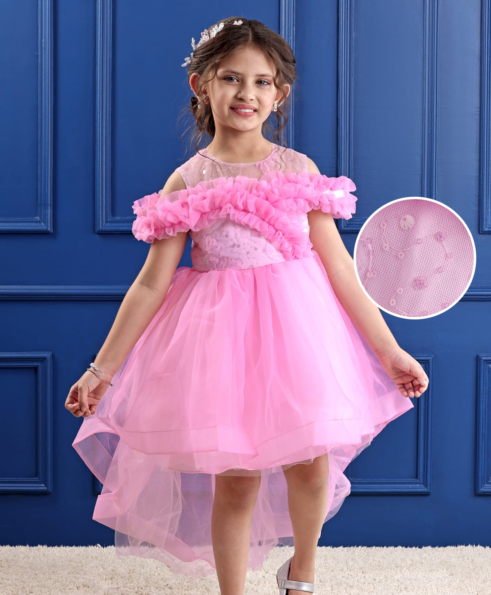 Mark & Mia  Sleeveless Ruffle &  Frills Party Frock with Floral Lace Detailing - Pink-image-36