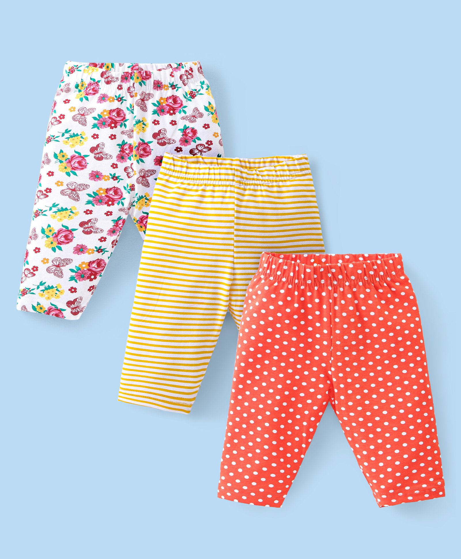 Babyhug Cotton Lycra Three Fourth Leggings Striped Polka Dot & Floral Print Pack of 3 - White Yellow & Red-picture-11