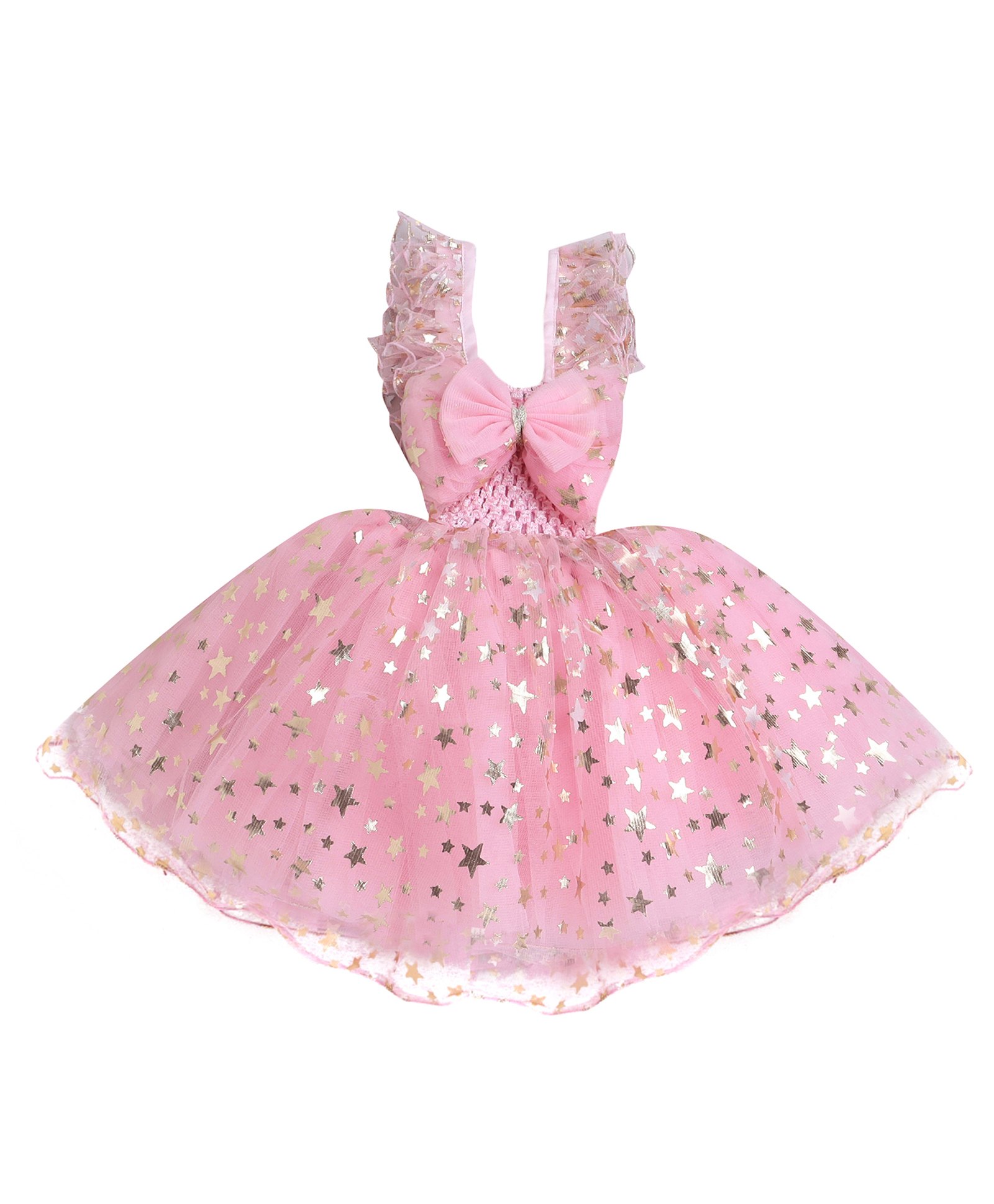 TINY MINY MEE Elastane Sleeveless Bow Applique & Foil Stars Printed Shimmered Dress - Pink-image-7