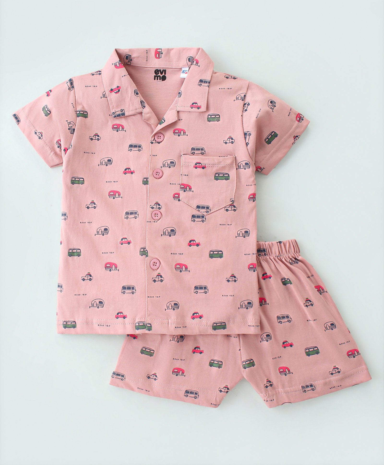 Evimo Single Jersey Knit Half Sleeves Night Suit with Vehicle Print - Peach-picture-12