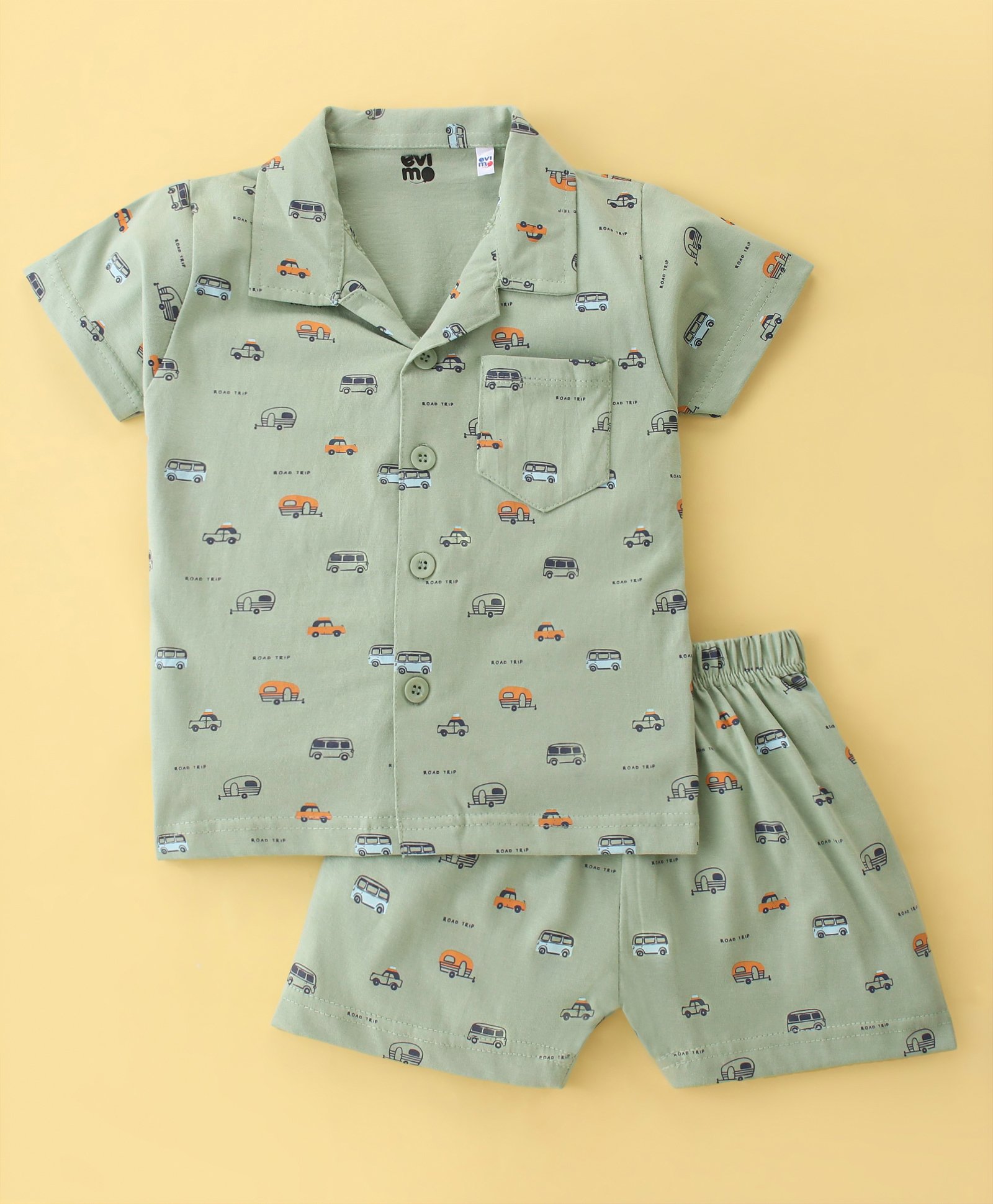 Evimo Single Jersey Knit Half Sleeves Night Suit with Vehicle Print - Green-picture-23