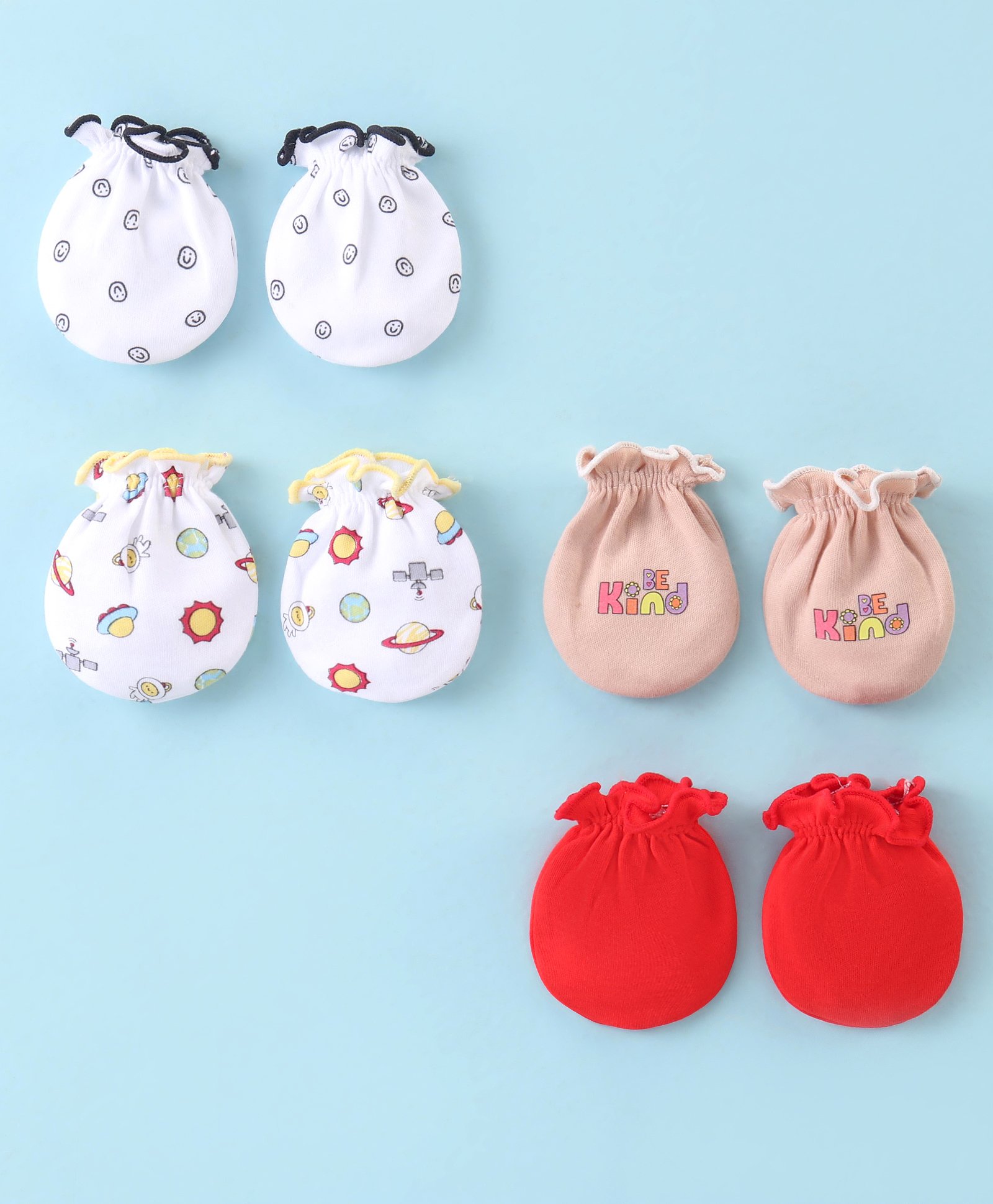 Ben Benny Interlock 100% Cotton Knit Solid Color & Space Theme Printed Mittens Pack of 4 - White & Red-picture-29