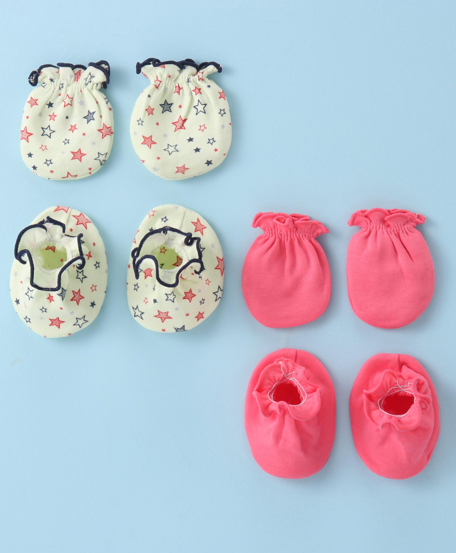 Ben Benny 100% Cotton Knit Mitten & Booties Set Solid & Star Print Pack of 2- Pink & Green-image-35