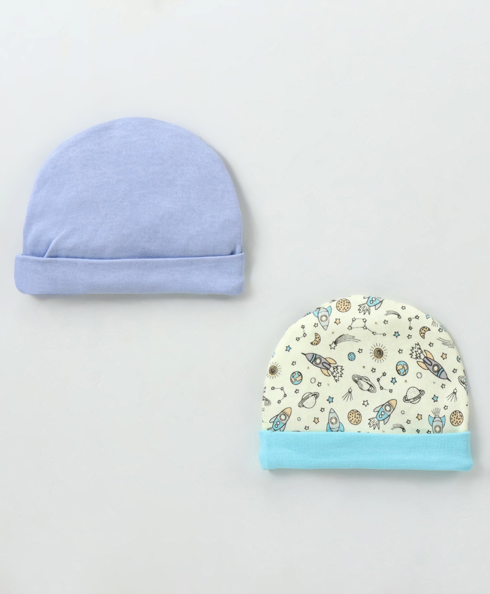 Ben Benny Interlock 100% Cotton Knit Round Cap Space Theme  Print Blue & Light Yellow Pack of 2 -Diameter 9 cm-image-23