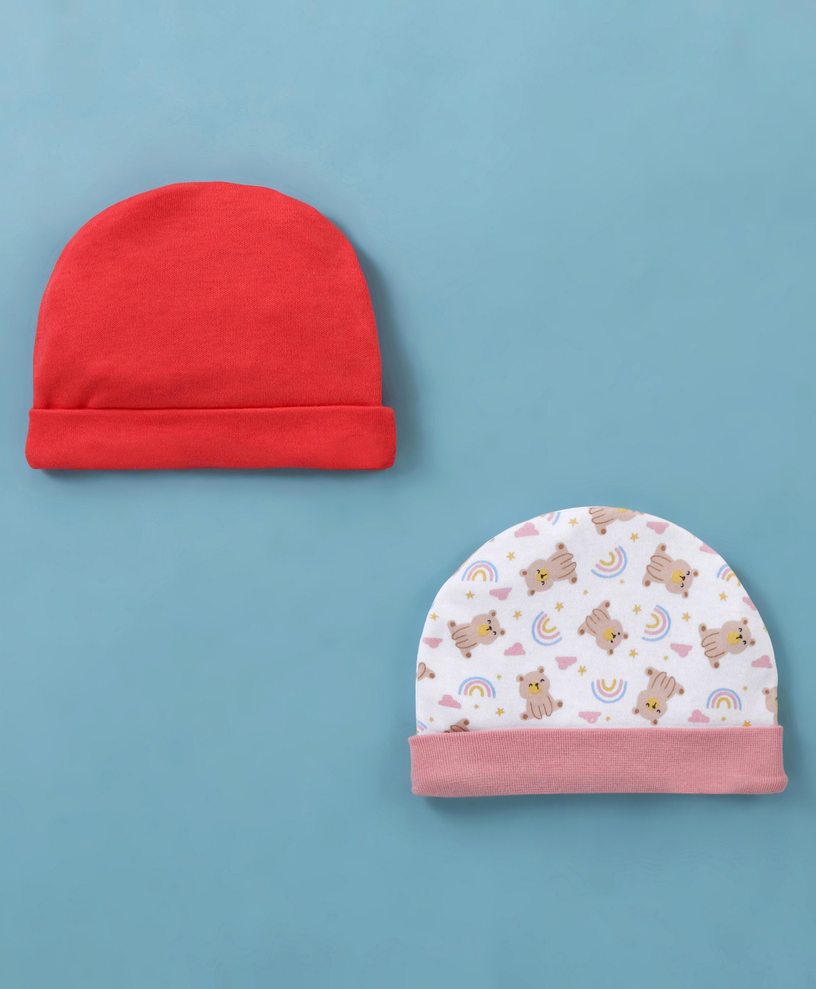 Ben Benny Interlock 100% Cotton Knit Solid & Teddy Printed Round Cap Red & White Pack of 2 -Diameter 9 cm-image-20