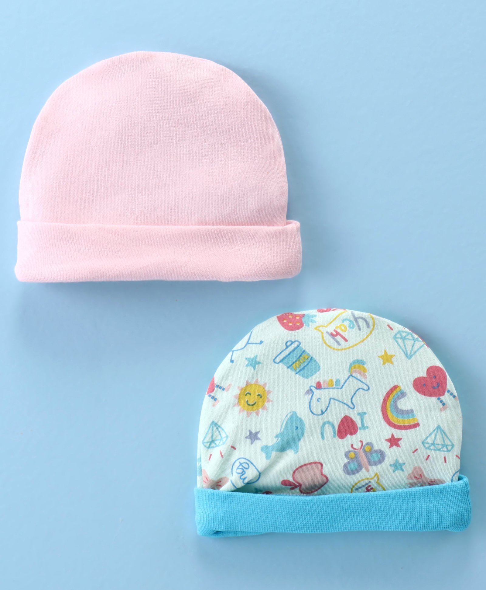 Ben Benny Interlock 100% Cotton Knit Unicorn Theme Print Round Cap Blue & Pink Pack of 2 - Diameter 9 cm-image-27