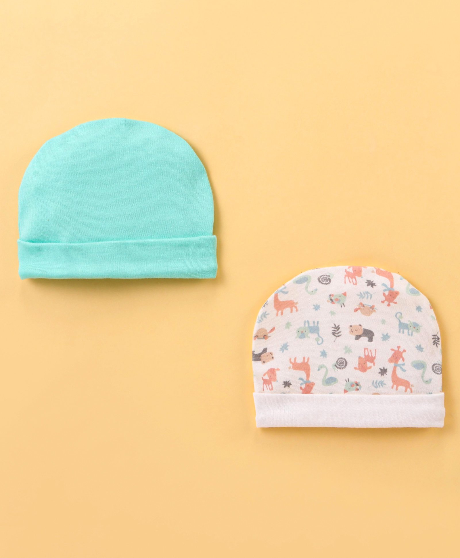 Ben Benny Interlock 100% Cotton Knit Solid & Printed Round Cap Sea Green & White Pack of 2 - Diameter 9 cm-image-11