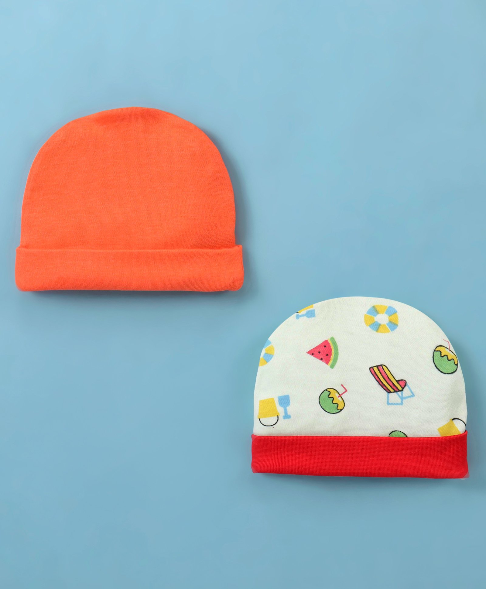 Ben Benny Interlock 100% Cotton Knit Solid & Beach Theme Print Round Cap Orange & Red Pack of 2 -Diameter 9 cm-image-13