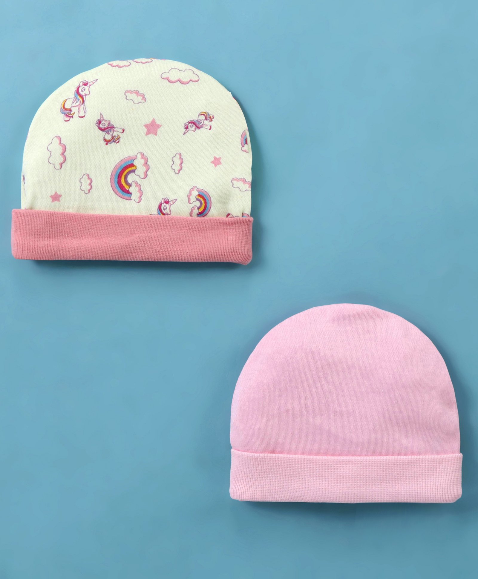 Ben Benny Interlock 100% Cotton Knit Solid & Unicorn Printed Round Cap Pink & Light Yellow Pack of 2 - Diameter 9 cm-image-12