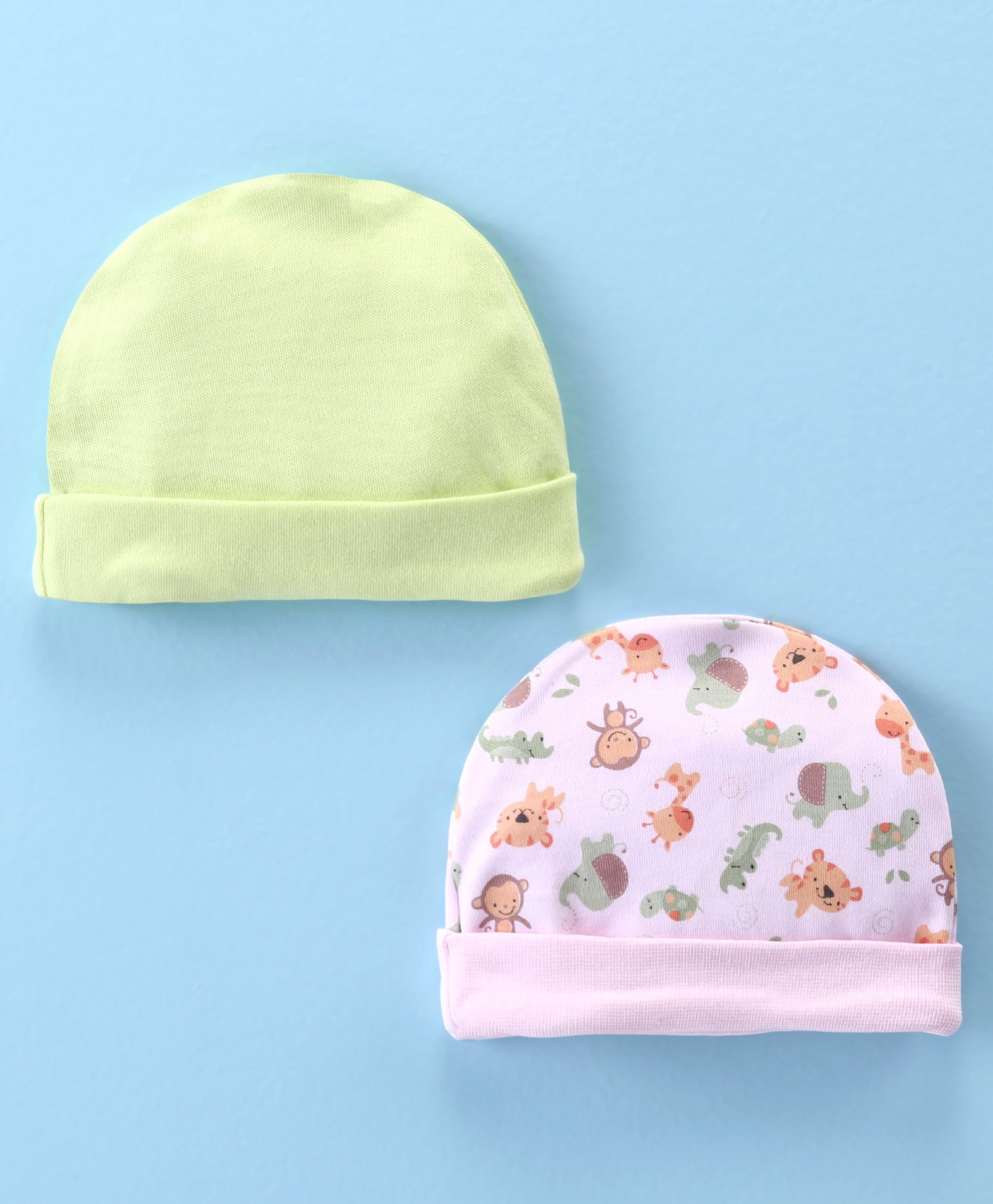 Ben Benny 100% Cotton Knit  Caps with Solid & Animal Print Pack of 2 Green & Pink - Diameter 8.5 cm-image-19