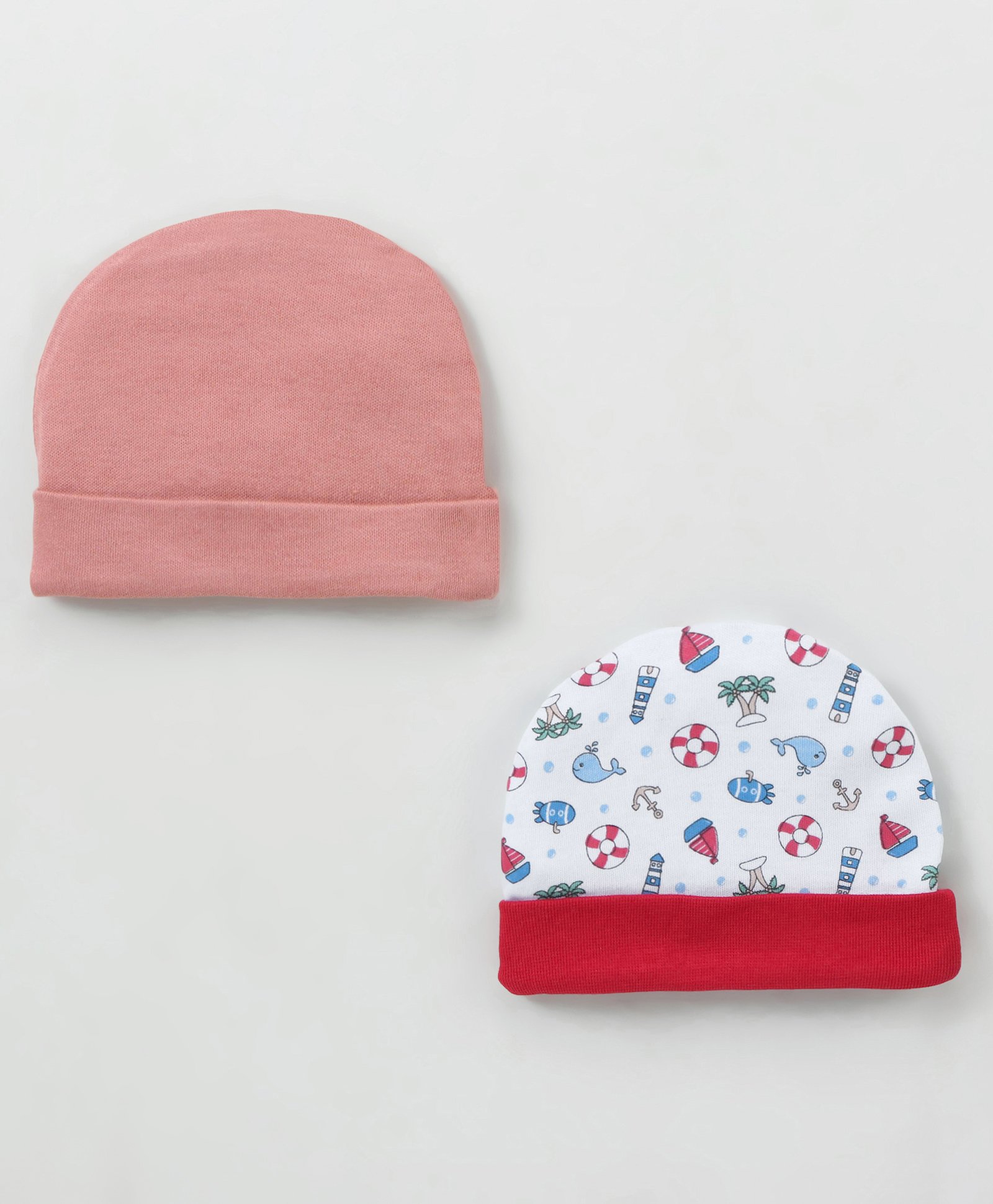 Ben Benny 100% Cotton Knit Solid & Anchor Printed Caps Pack of 2 Peach & White - Diameter 9 cm-image-23