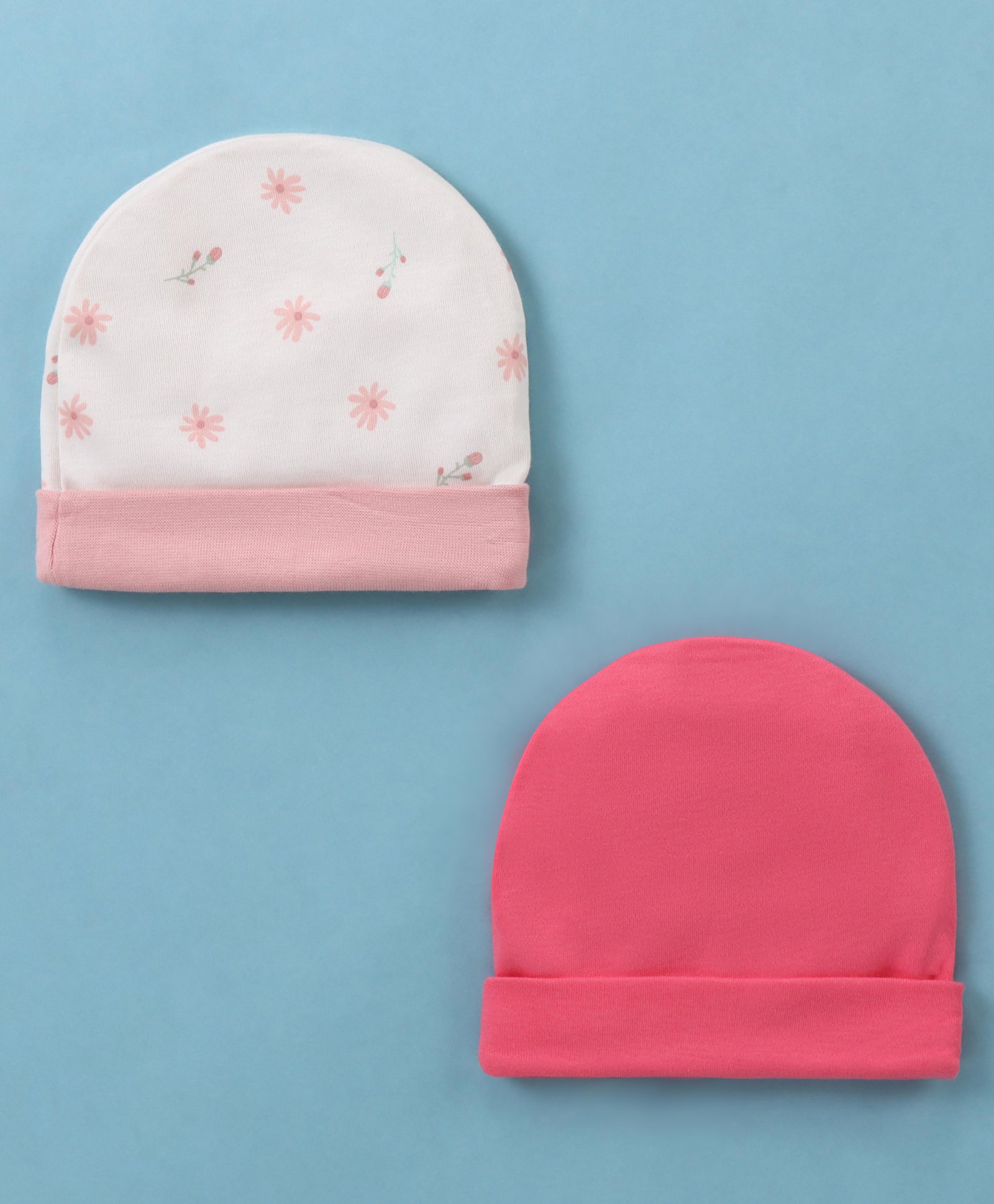 Ben Benny Interlock 100% Cotton Knit Round Cap Floral Print Pink & White Pack of 2 -Diameter 11.5 cm-image-19