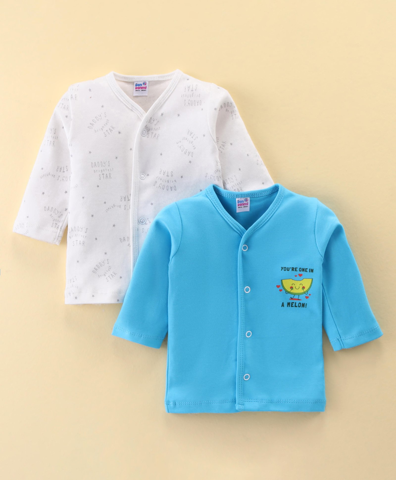 Ben Benny 100% Cotton Knit Full Sleeves Front Open Jablas with Text Print Pack of 2 - Blue & White-picture-26