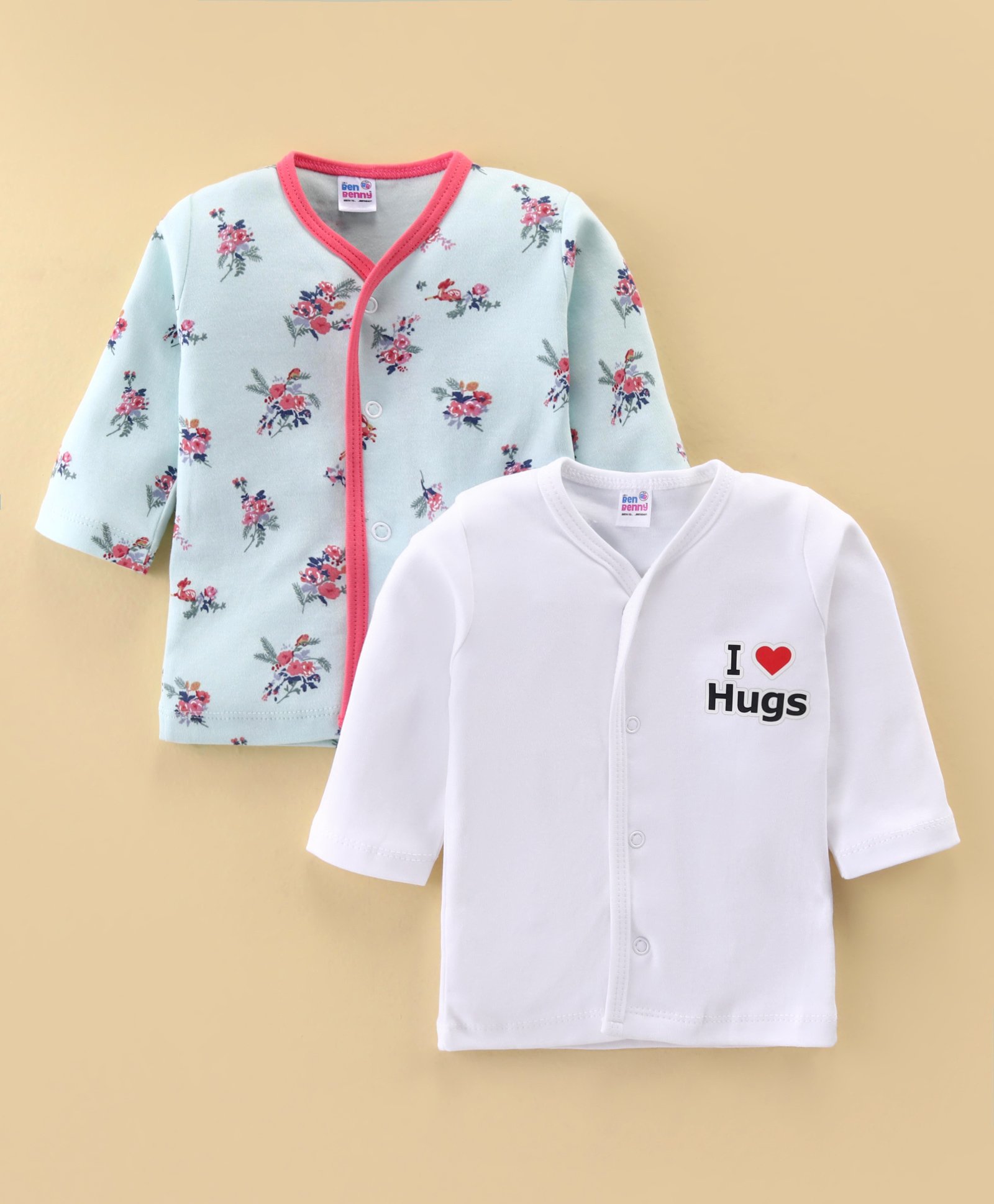 Ben Benny 100% Cotton Knit Full Sleeves Front Open Jablas with Floral & Text Print Pack of 2 - Blue & White-image-42