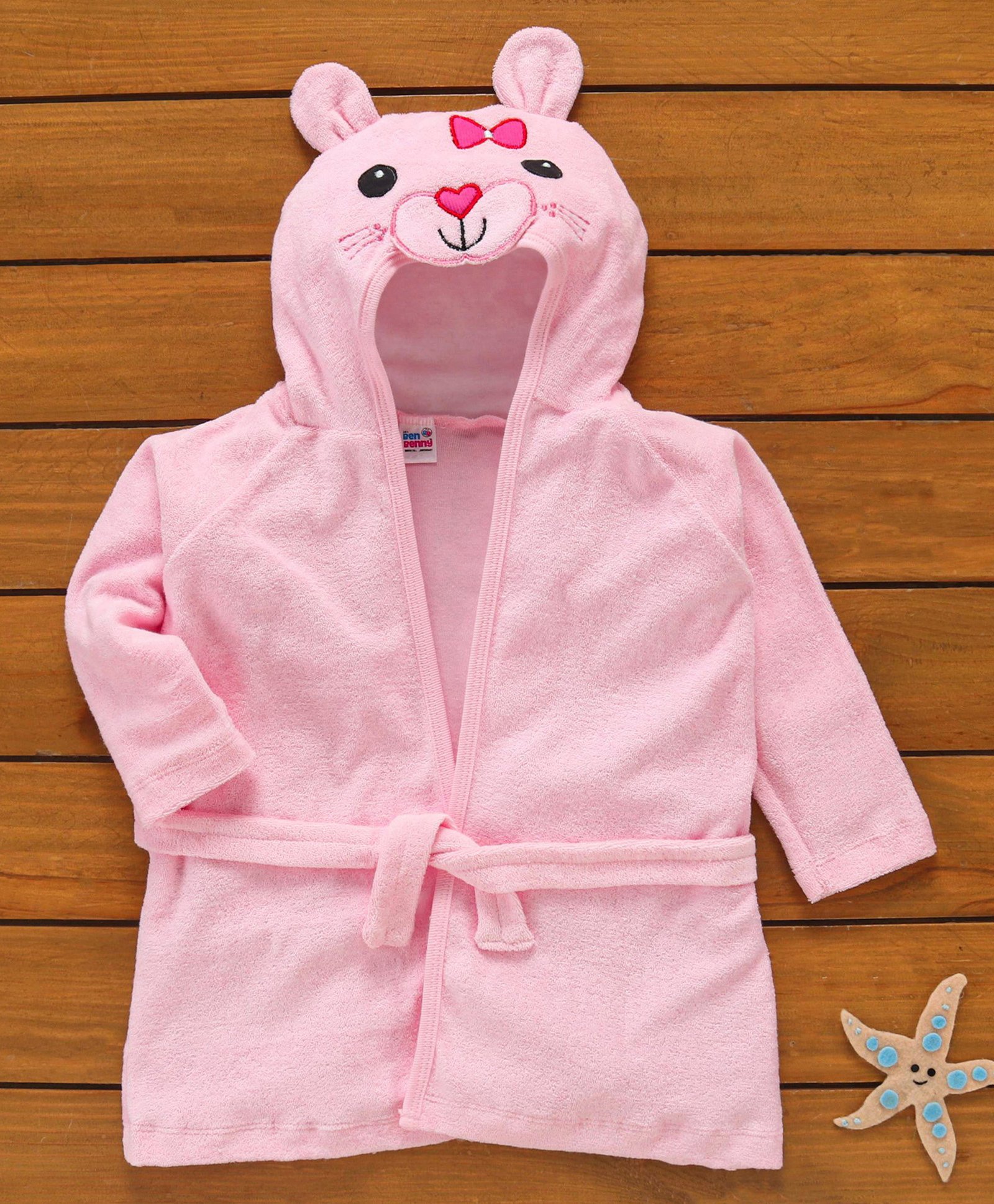 Ben Benny Terry Cotton Hooded Full Sleeves Bath Robe With Bunny Applique - Pink-image-22