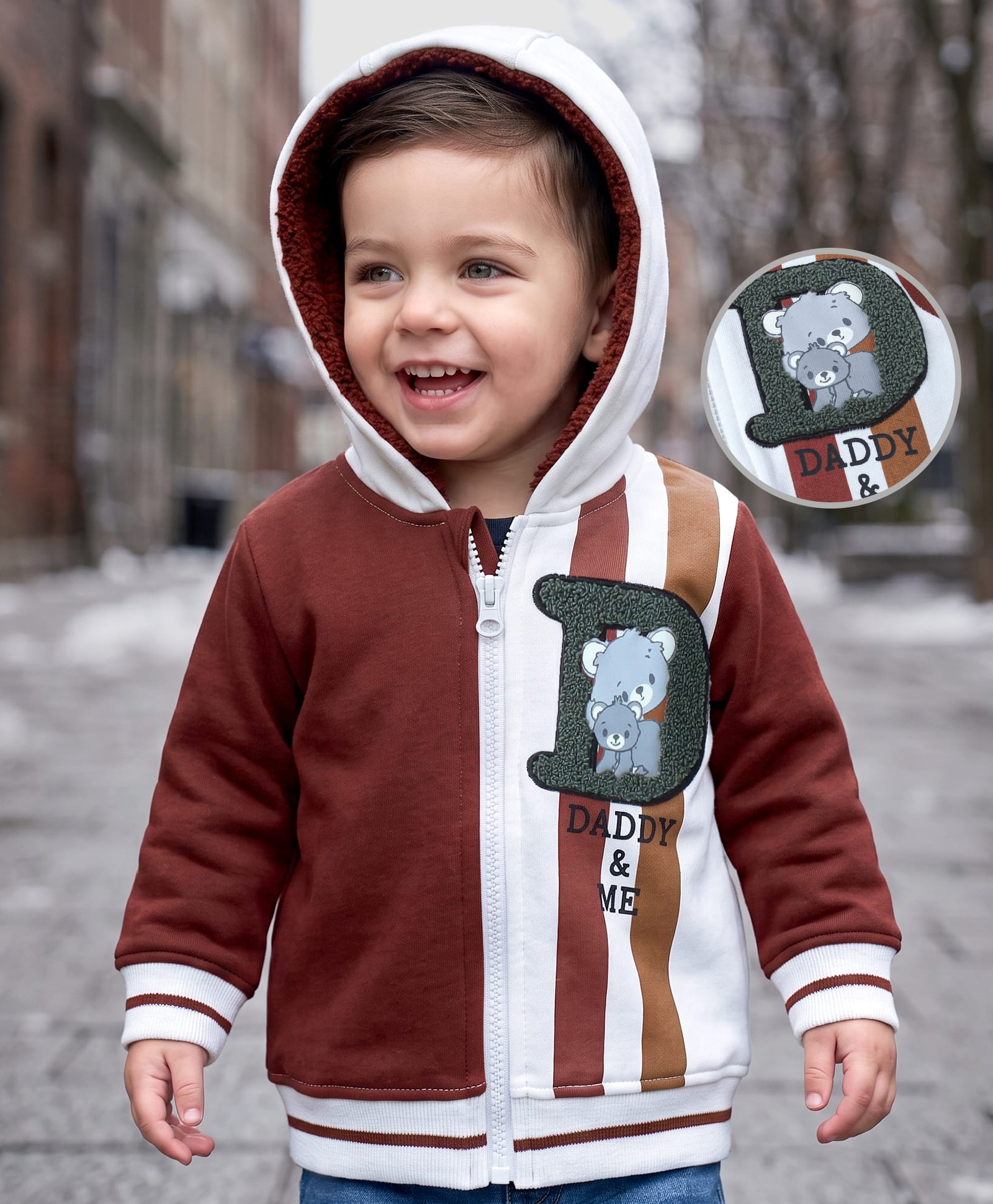 Babyoye 100% Cotton Knit Full Sleeves Colour Block Hooded Sweatjacket Elephant Print - Maroon & White-image-34