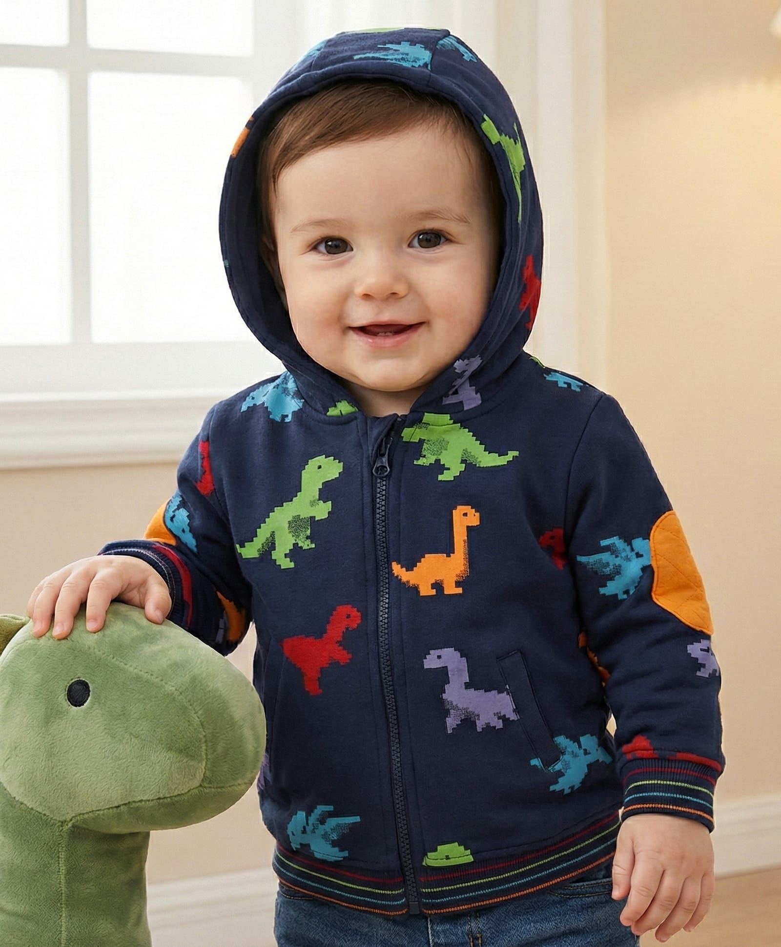 Babyoye 100% Cotton Fleece Knit Full Sleeves Front Open Hooded Sweatjacket with Dino Print - Navy Blue-image-31