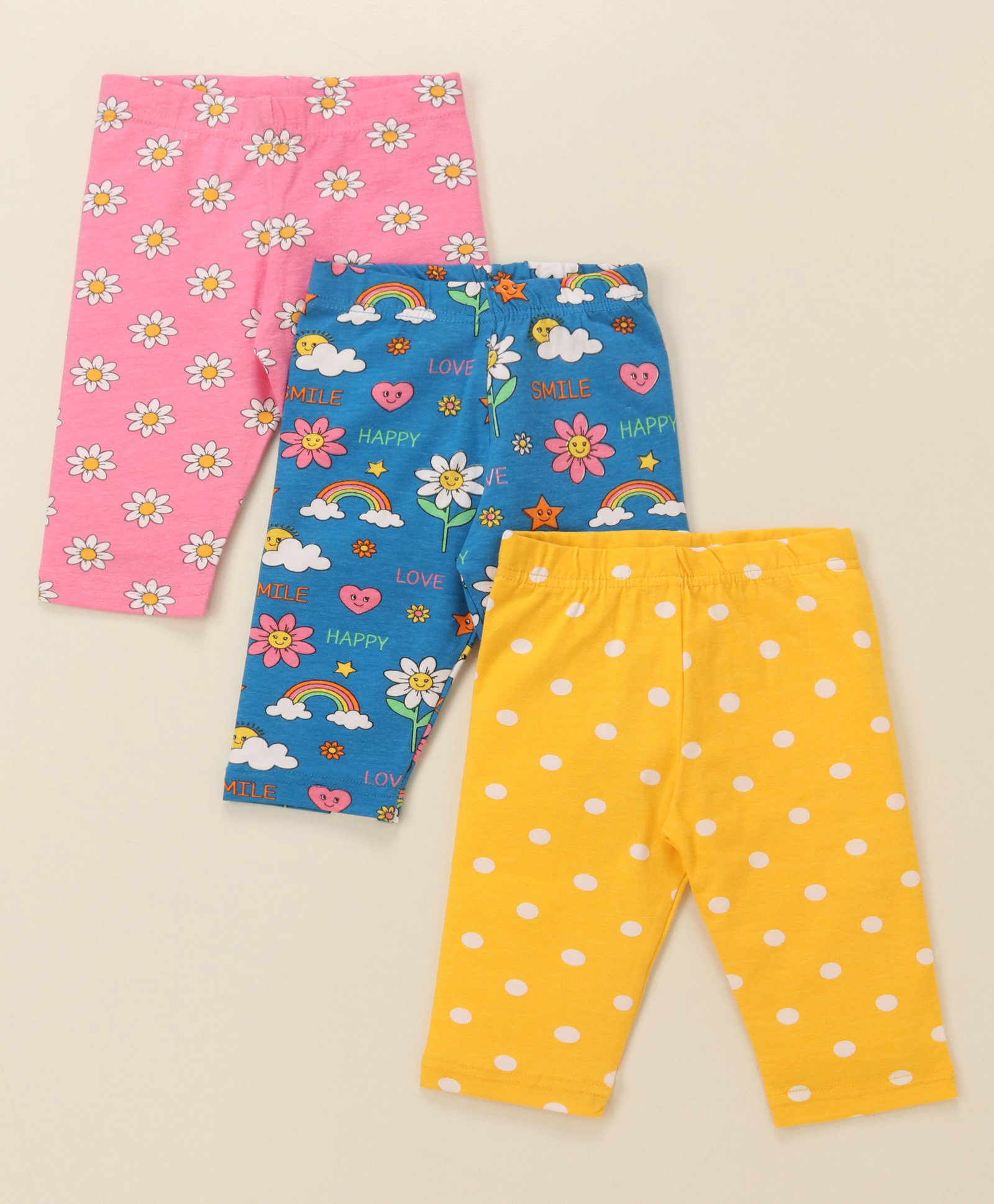 Babyhug Cotton Lycra Knit Three Fourth Striped  Leggings with Floral & Polka Dots Print Pack of 3 - Multicolour-picture-14