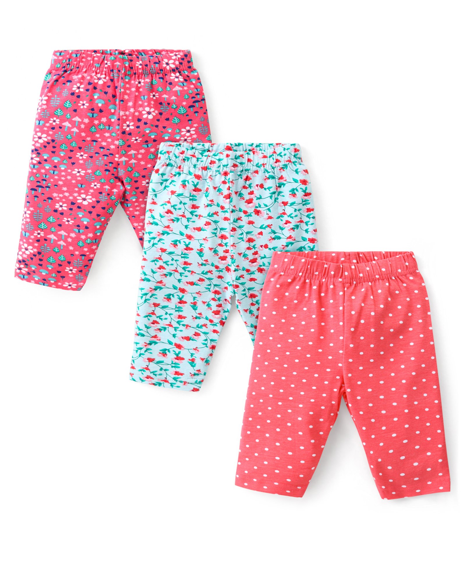 Babyhug Cotton Lycra Knit Three Fourth Leggings with Polka Dots & Floral Print Pack of 3 - Multicolour-image-34