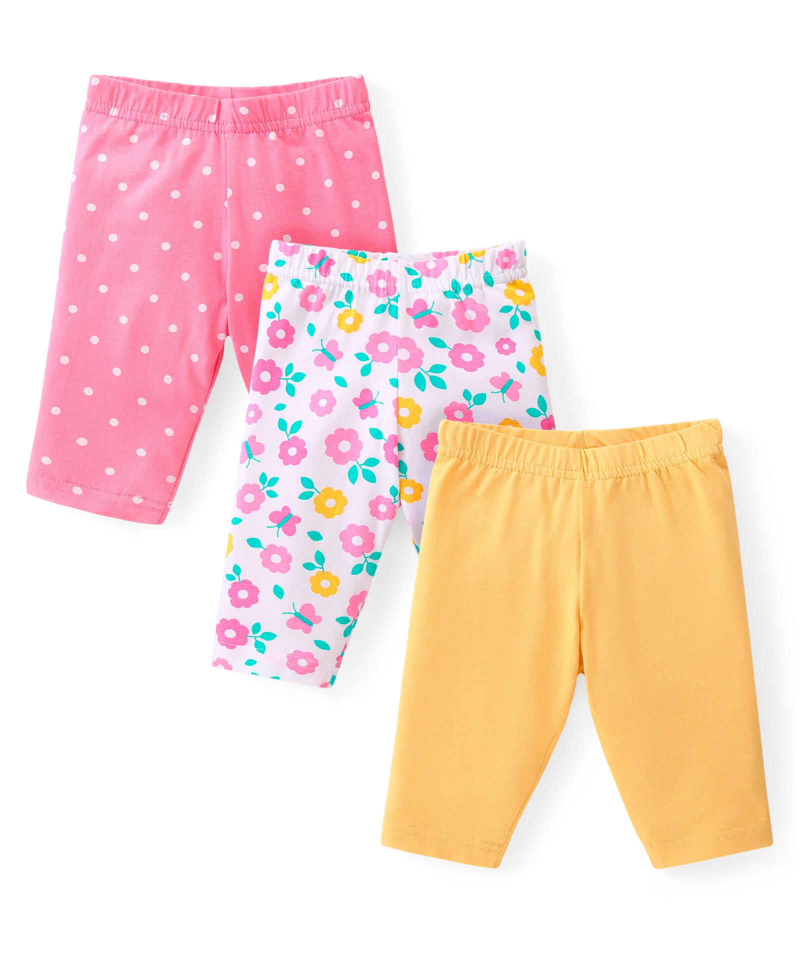 Babyhug Cotton Lycra Knit Three Fourth Leggings with  Floral & Polka Dots Print Pack of 3 - Yellow White & Pink-picture-23