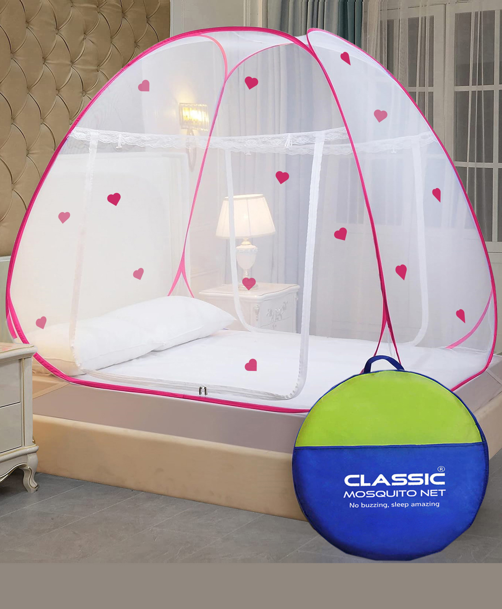 Classic Mosquito Net for Double Bed Heart Design King Size Foldable Machardani - Pink