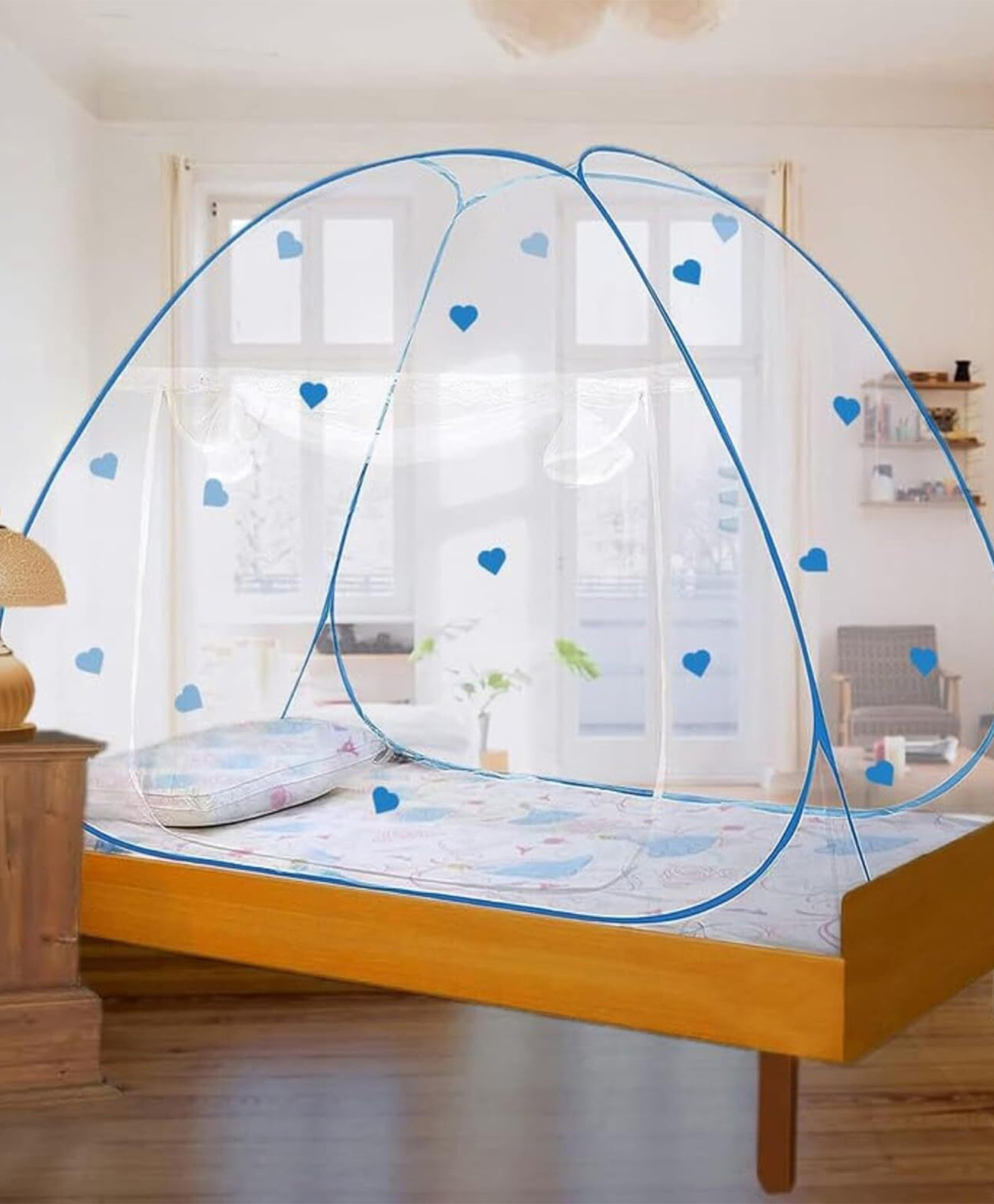 Evafly Mosquito Net for Single Bed Heart Design Foldable Machardani - Blue-picture-22