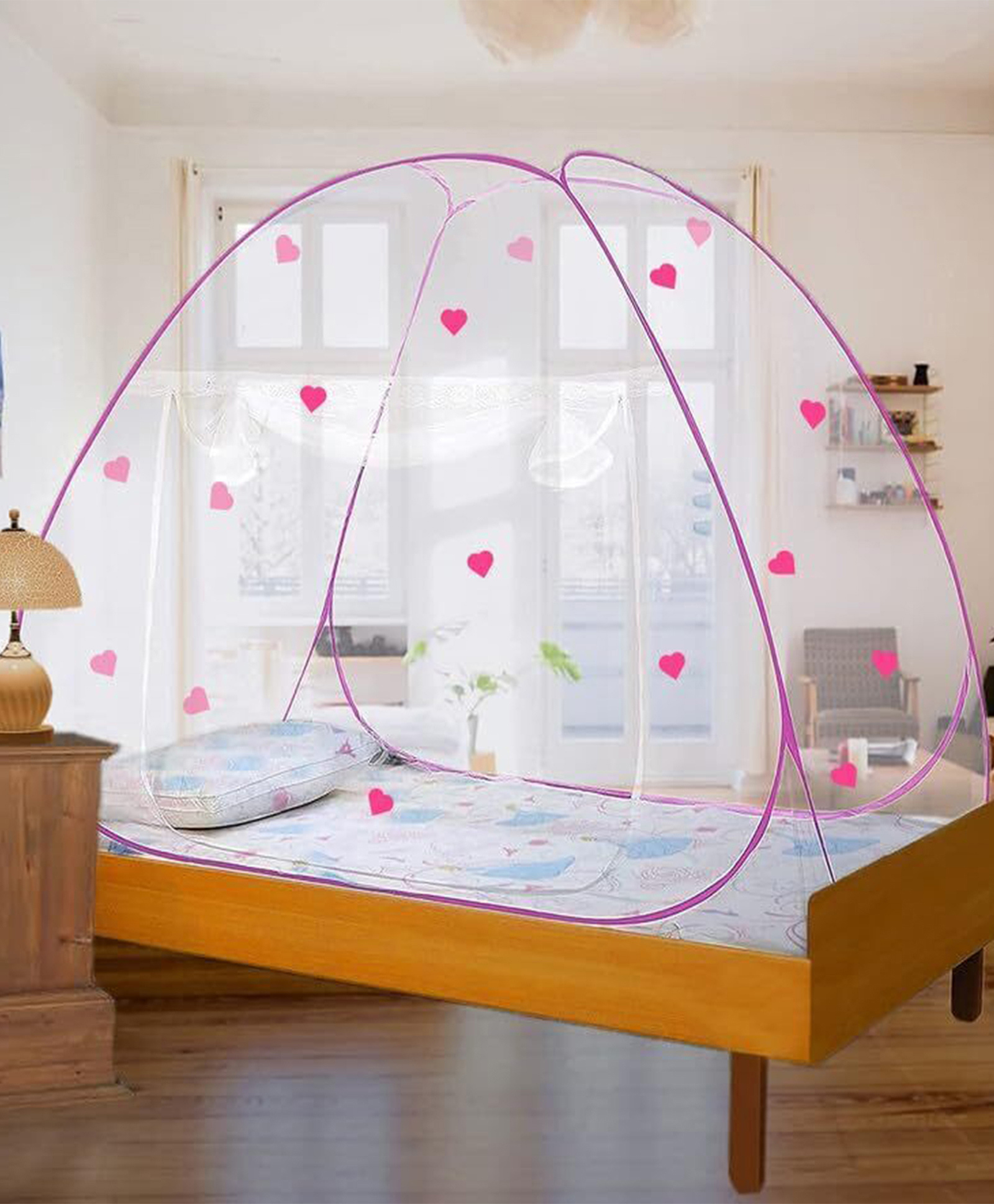 Evafly Mosquito Net for Single Bed Heart Design Foldable Machardani - Pink-picture-14