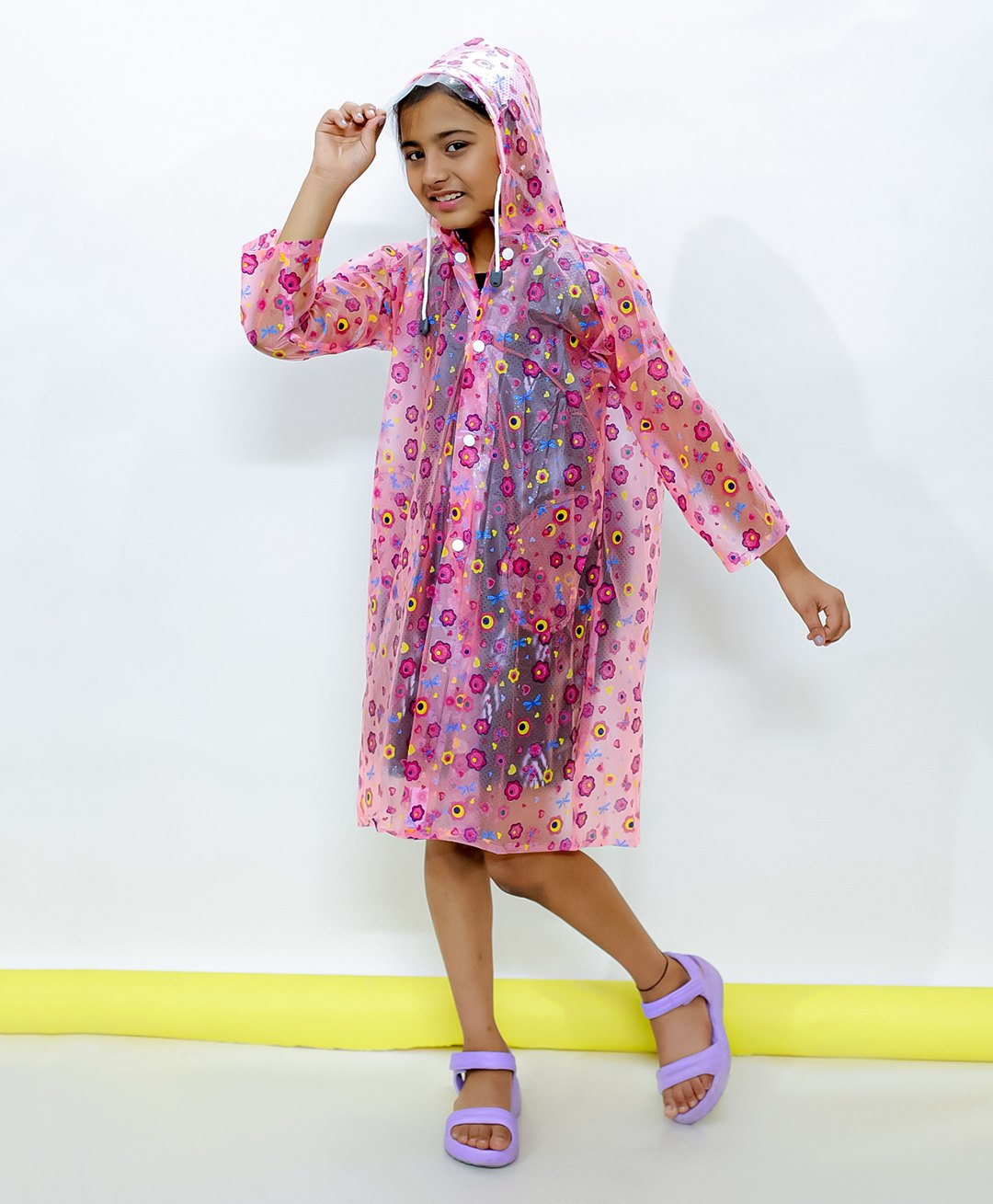 M'andy Full Sleeves Floral Designed Transparent Hooded Raincoat - Pink-picture-24