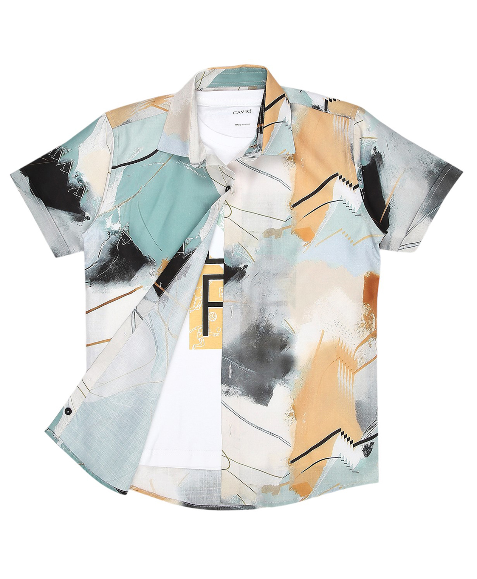 CAVIO Half Sleeves Abstract Printed Shirt With Tee - Light Green-image-41