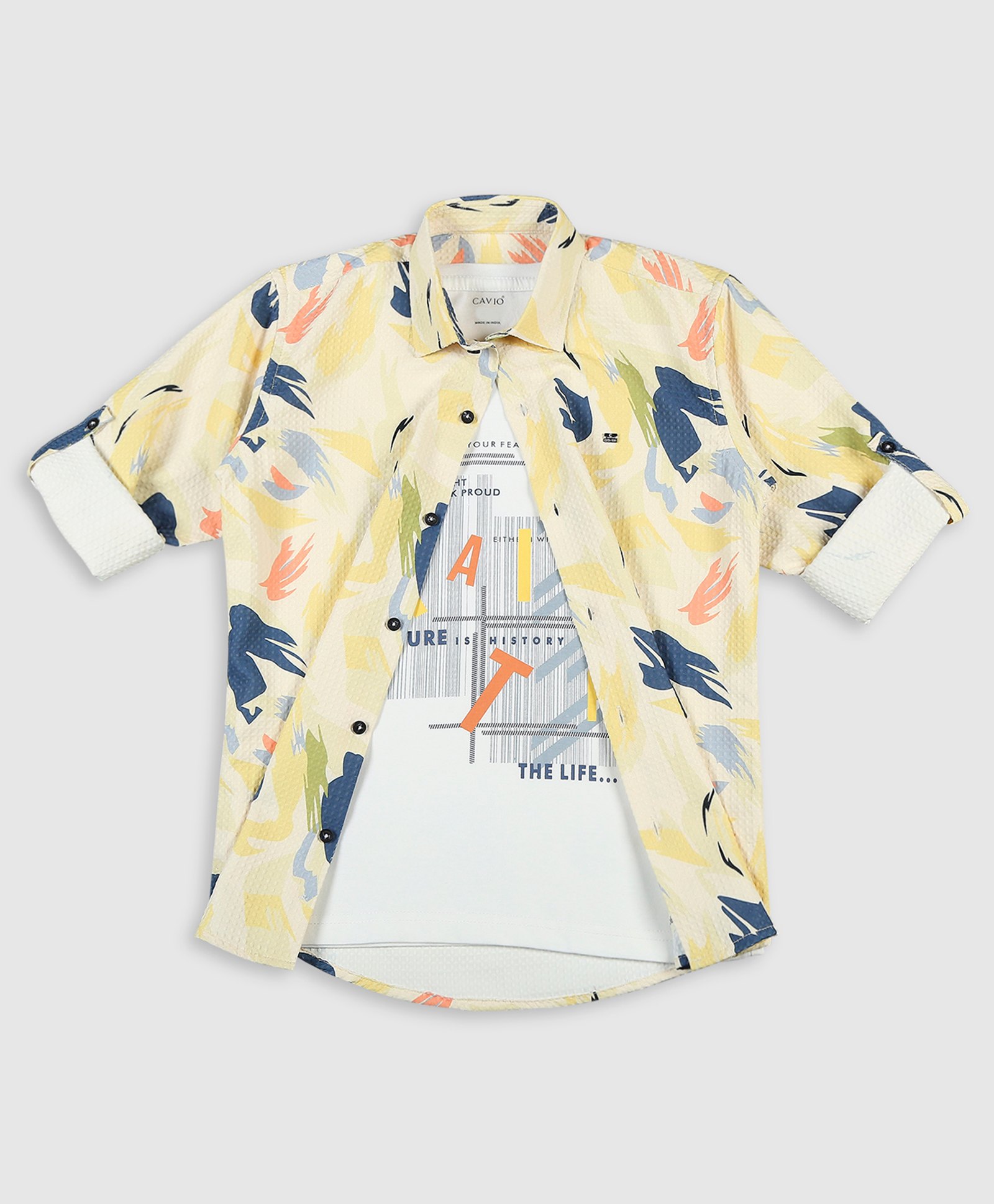 CAVIO Full Sleeves Abstract Printed Shirt With Tee - Golden-image-43