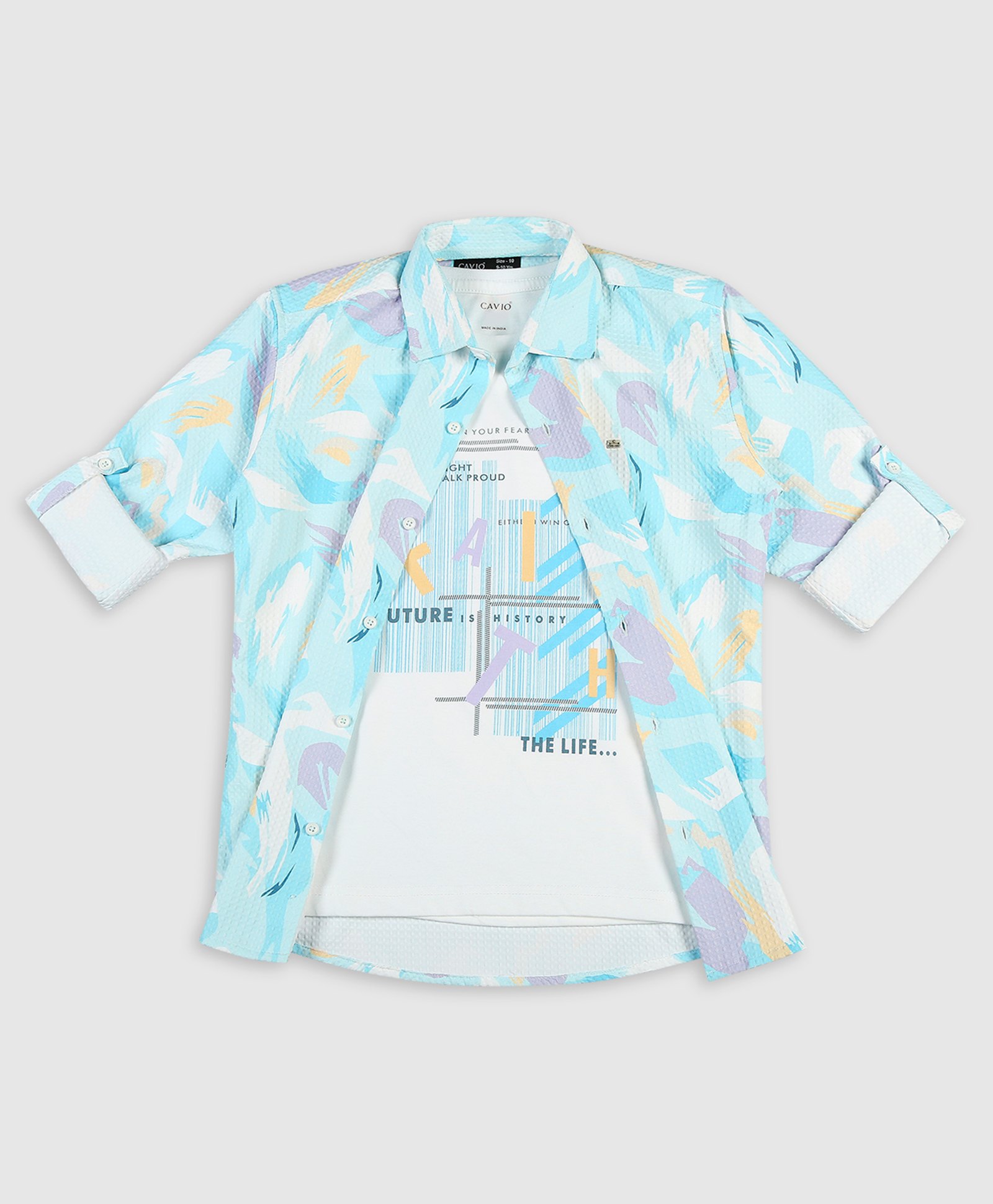 CAVIO Full Sleeves Abstract Printed Shirt With Tee - Sea Green-image-2