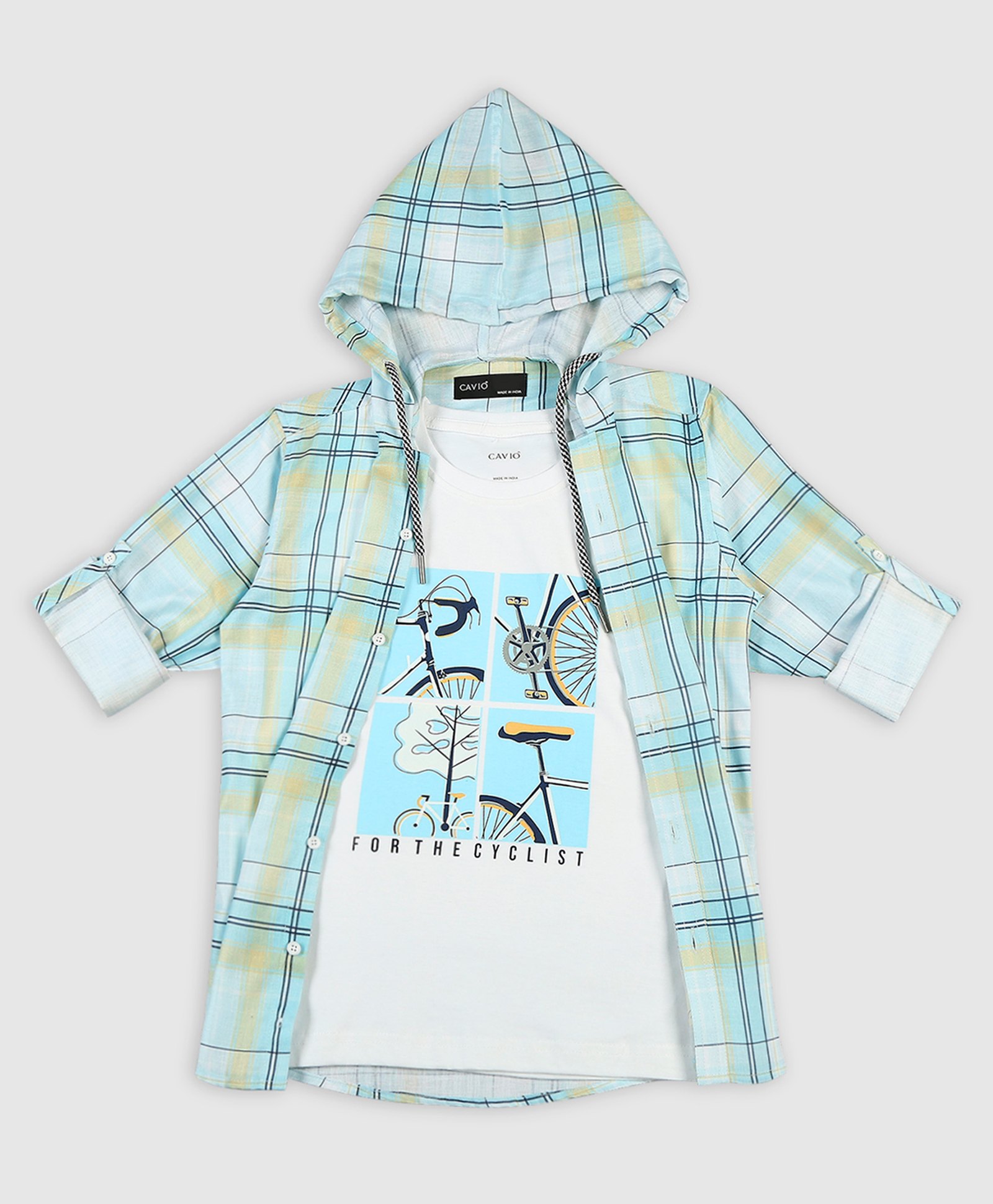 CAVIO Cotton Full Sleeves Checked Hooded Shirt With Tee - Sky Blue-picture-27