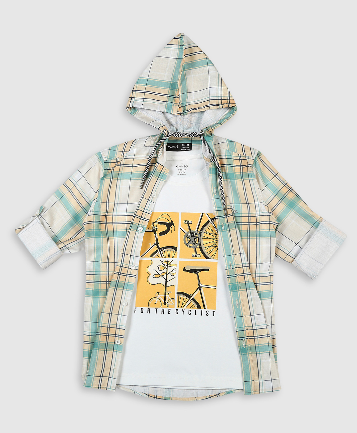 CAVIO Cotton Full Sleeves Checked Hooded Shirt With Tee - Lemon-image-23