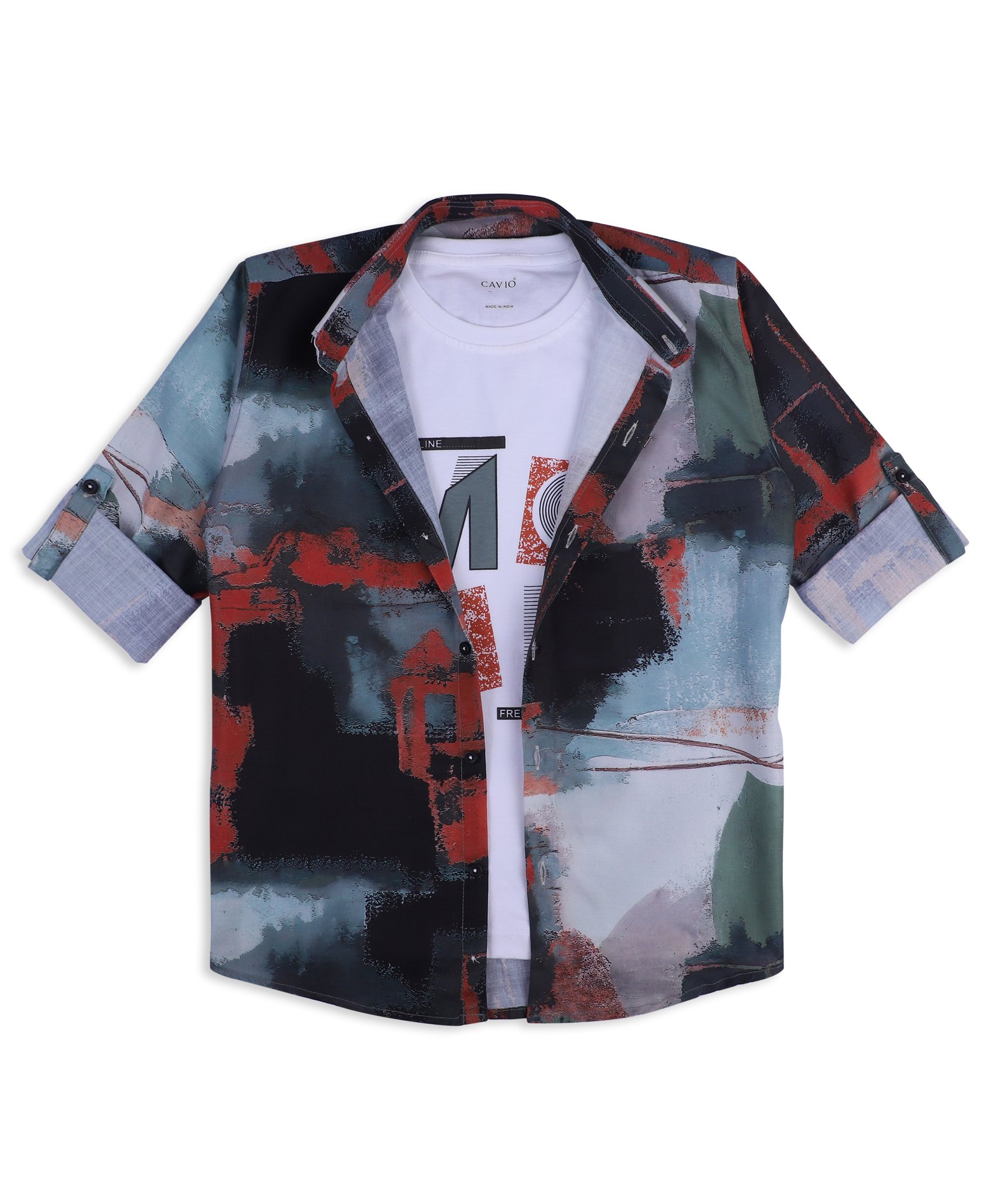 CAVIO Cotton Full Sleeves Abstract Printed Shirt With Tee - Multi Colour-picture-24