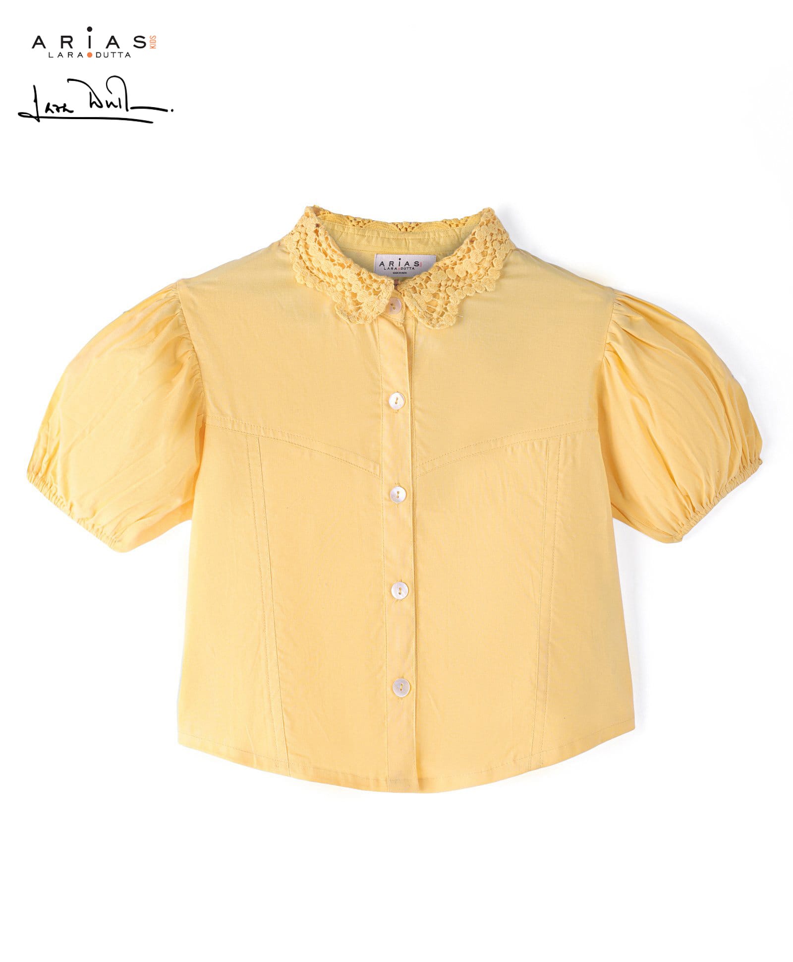 arias by lara dutta Arias Cotton Woven Half Puff Sleeves Front Open Top With Crochet Lace & Peterpan Collar - Yellow-picture-19